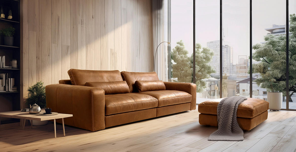 3-SITZER-SOFA  in Echtleder Cognac   - Cognac/Beige, Design, Leder/Kunststoff (300/85/123cm) - Livetastic