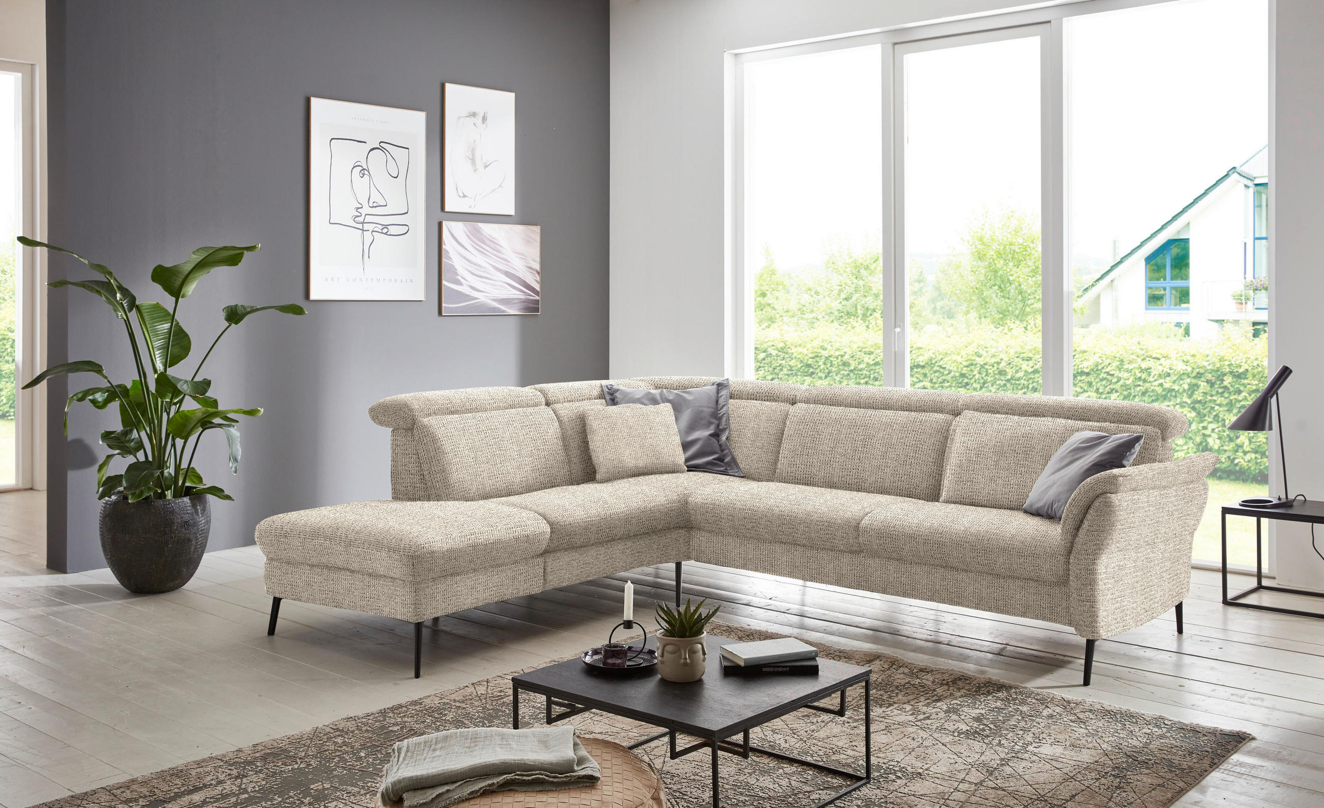 ECKSOFA in Struktur Beige  235/275 cm  - Beige/Schwarz, MODERN, Textil/Metall (235/275cm) - Cantus