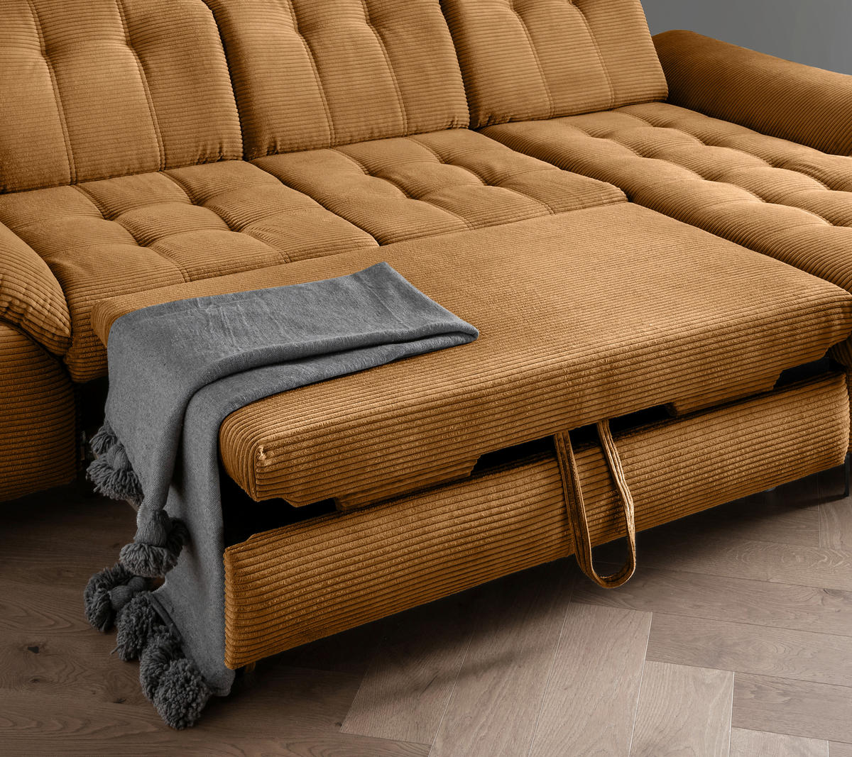 ECKSCHLAFSOFA in Cord Goldfarben  - Goldfarben/Schwarz, Modern, Textil/Metall (273/189cm) - Livetastic