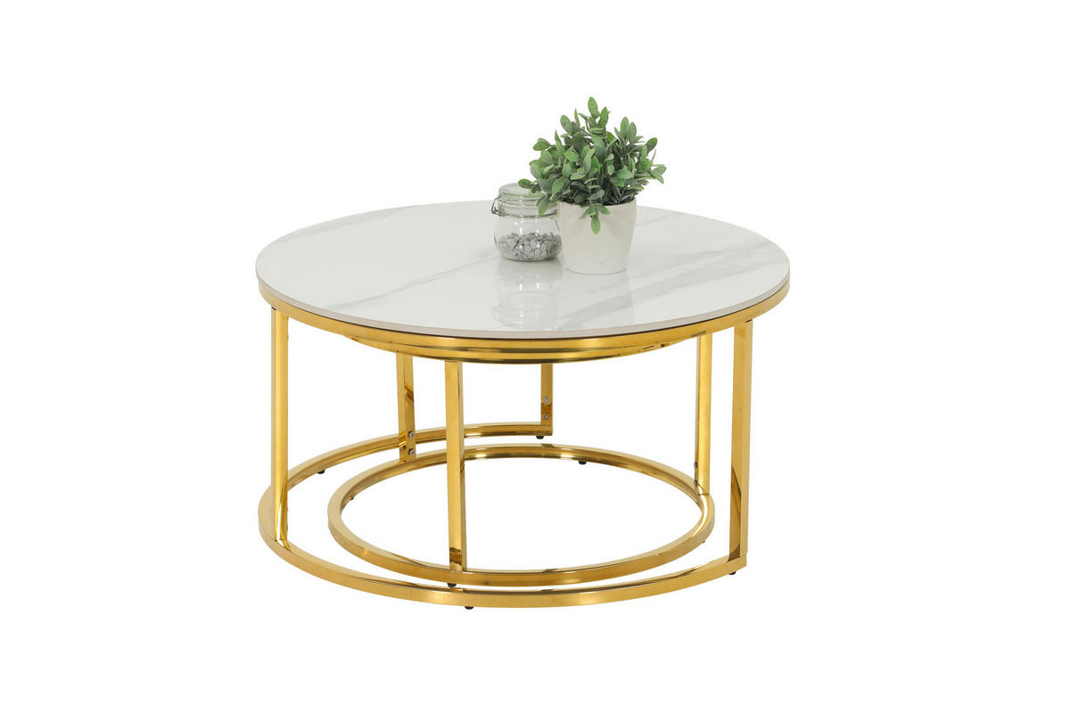 COUCHTISCHSET rund Weiß  - Goldfarben/Weiß, Design, Stein (80/60/41/37cm) - Livetastic