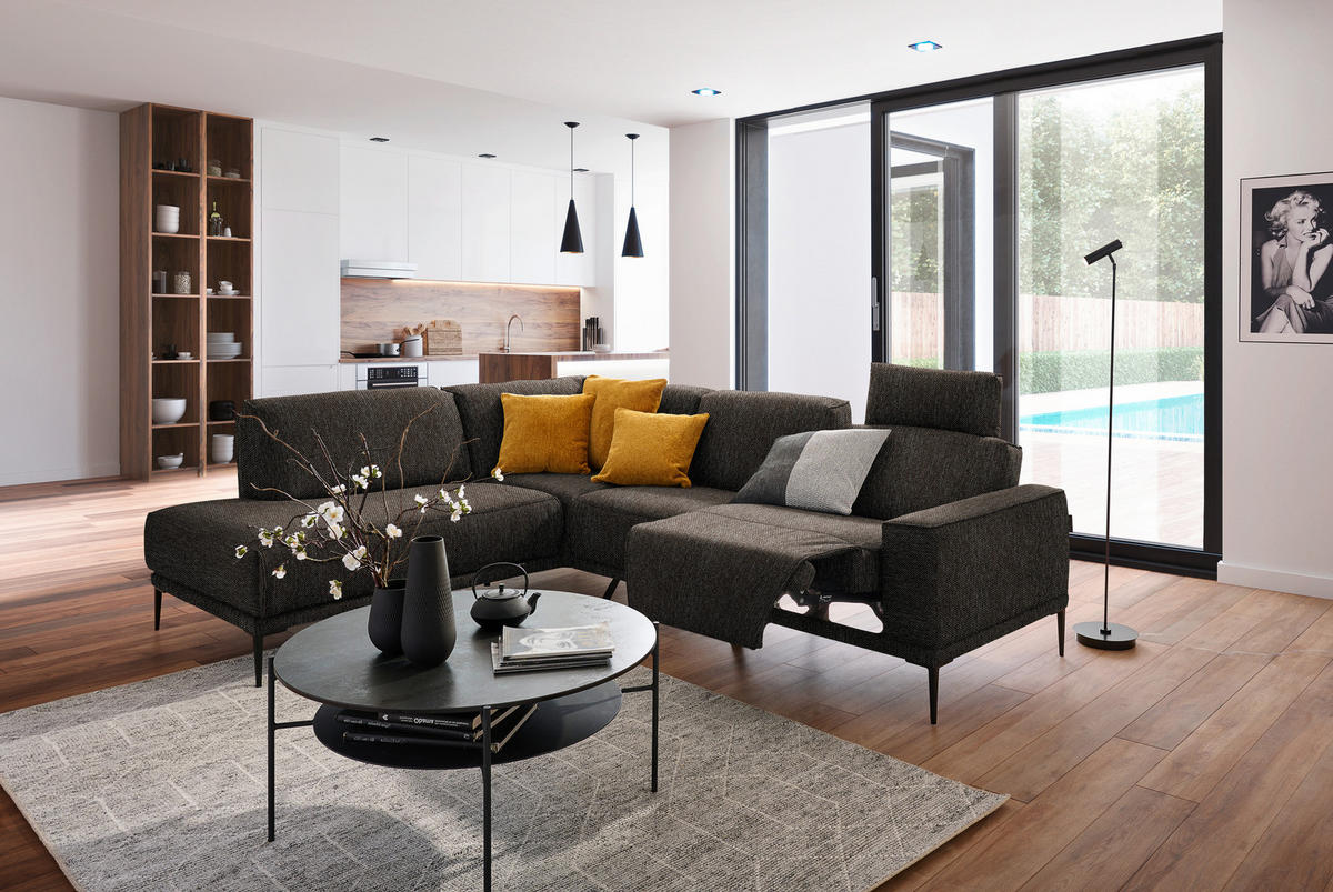ECKSOFA in Flachgewebe Dunkelbraun  - Dunkelbraun/Schwarz, Design, Textil/Metall (210/260cm) - Johann Jakob