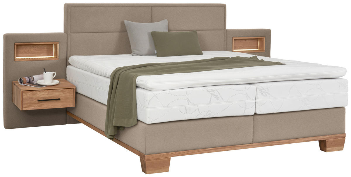BOXSPRINGBETT 180/200 cm,  in Eichefarben, Greige, Matratze, Topper, unterschiedliche Matratzenhärtegrade je Bettseite, H3 + H4 = fest + sehr fest  - Greige/Eichefarben, Natur, Holz/Textil (180/200cm) - Valnatura