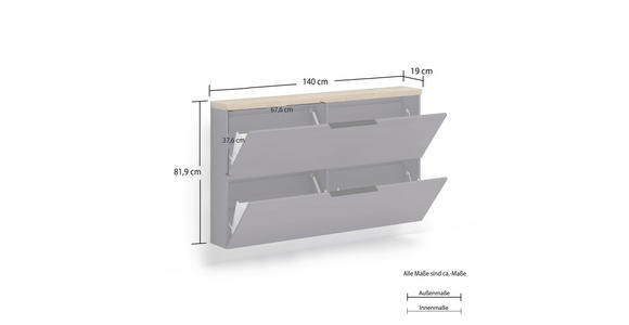 HÄNGESCHUHSCHRANK 140/82/19 cm - Eichefarben/Anthrazit Hochglanz, Design, Holzwerkstoff/Metall (140/82/19cm) - Xora