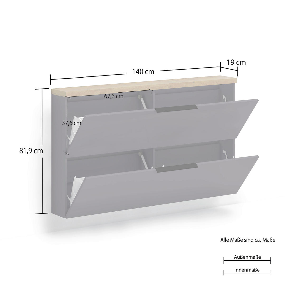 SCHUHKIPPER Eichefarben, Anthrazit Hochglanz  - Eichefarben/Anthrazit Hochglanz, Design, Holzwerkstoff/Metall (140/82/19cm) - Xora