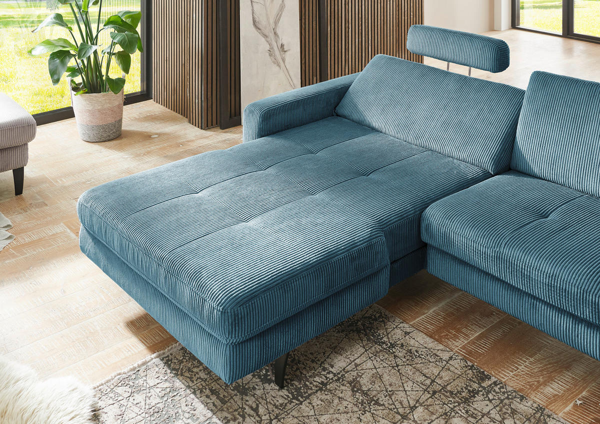 ECKSOFA in Cord Petrol  - Petrol/Schwarz, Modern, Textil/Metall (177/302cm) - Beldomo Style