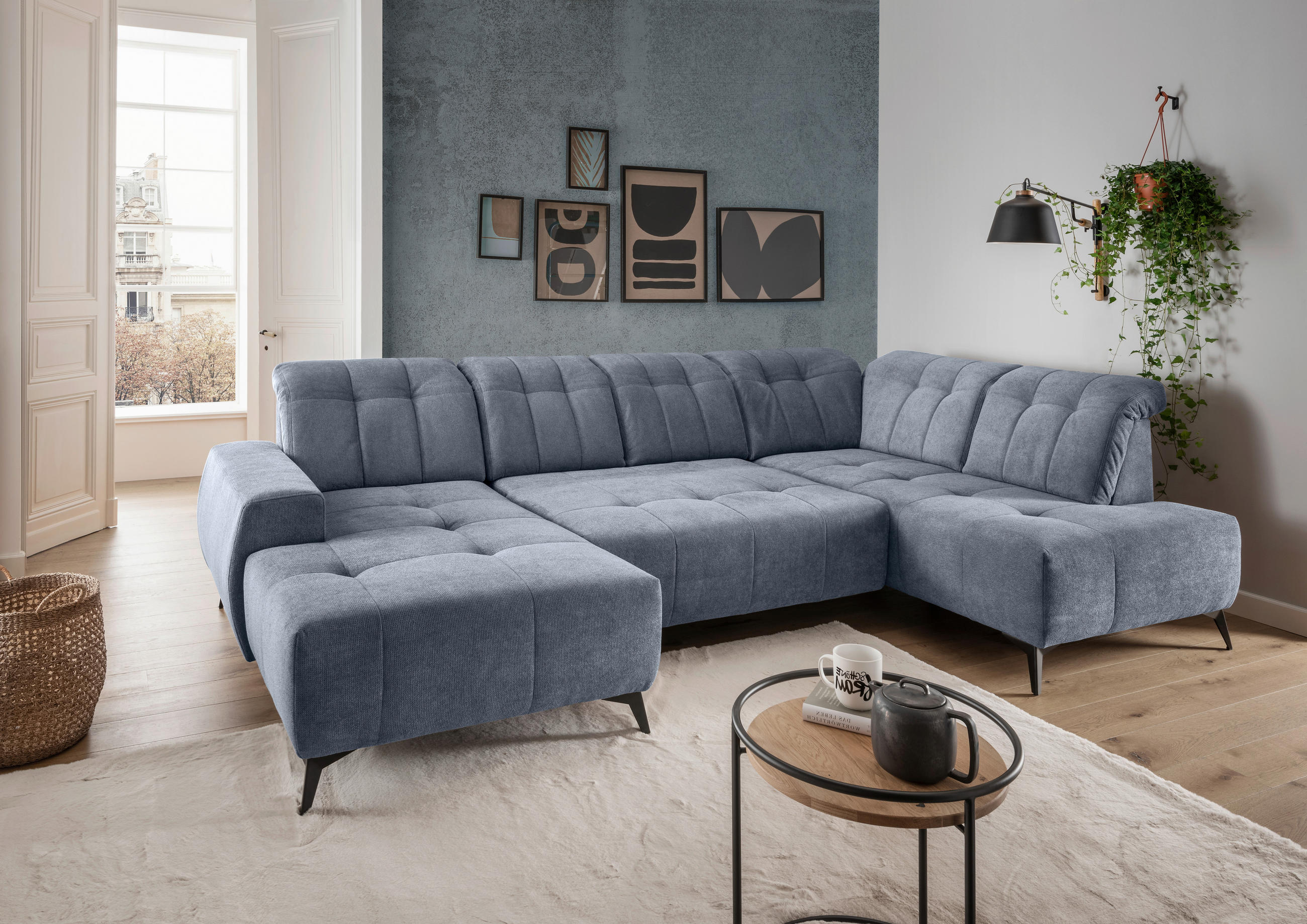 WOHNLANDSCHAFT Chenille Hellblau  - Schwarz/Hellblau, Modern, Textil/Metall (200/337/180cm) - Livetastic
