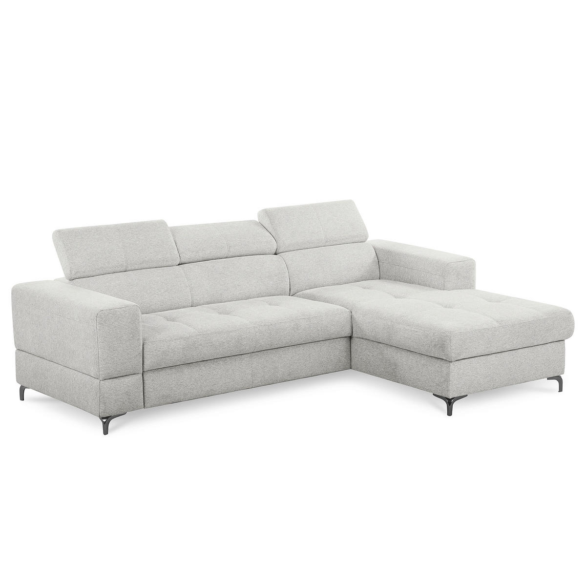 ECKSOFA TORINO Hellgrau Chenille Bettkasten, Kopfteilverstellung  - Schwarzchrom/Hellgrau, Design, Textil/Metall (247/173cm) - Livetastic