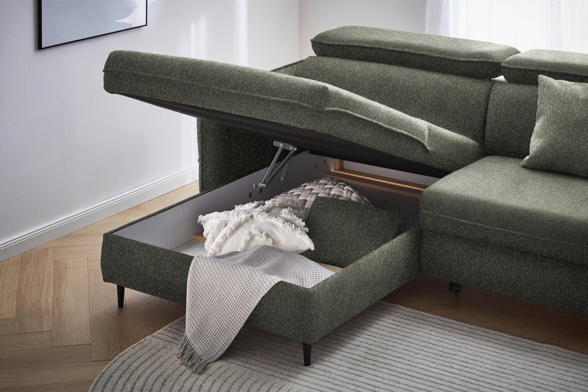 ECKSOFA in Struktur Hellgrau, Grün  - Hellgrau/Schwarz, Design, Holz/Textil (185/232cm) - Stylife