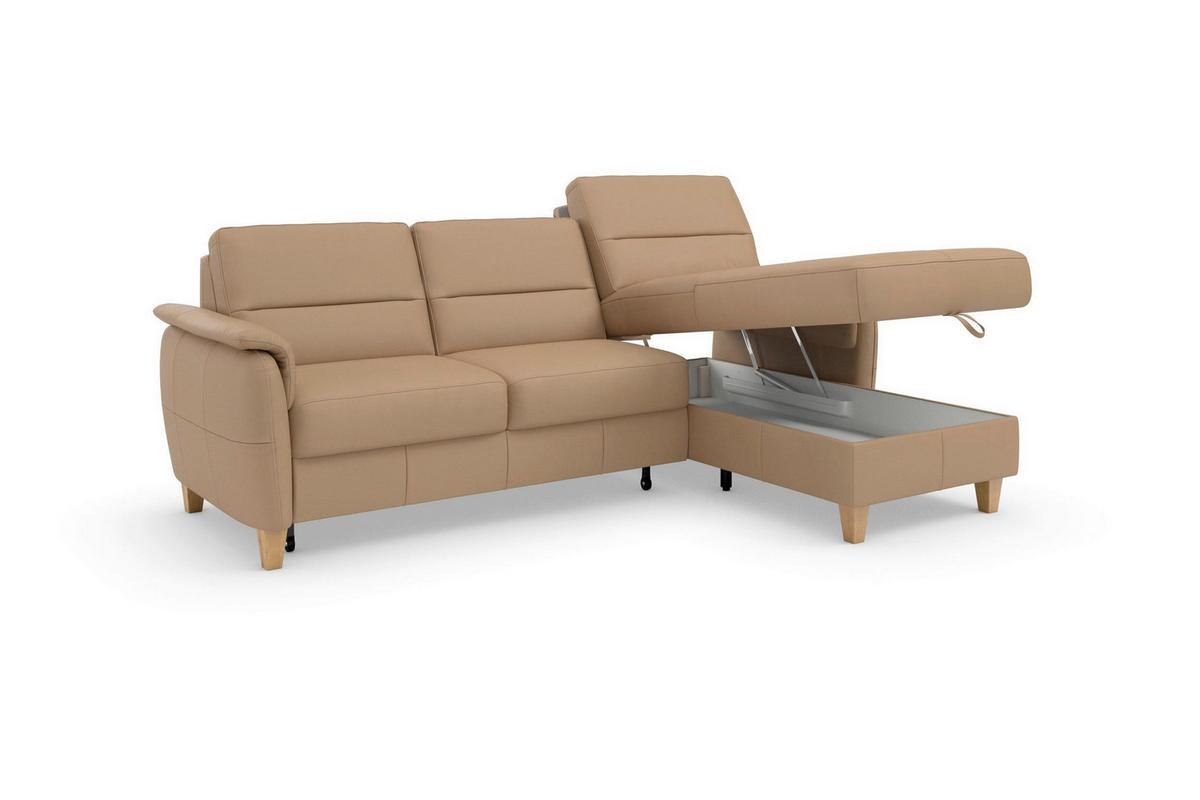 ECKSOFA PALMERA E Cappuccino Kombination Echtleder/Stoff Mikrofaser Bettkasten  - Eichefarben/Cappuccino, Basics, Leder/Holz (244/163cm) - Sit & More