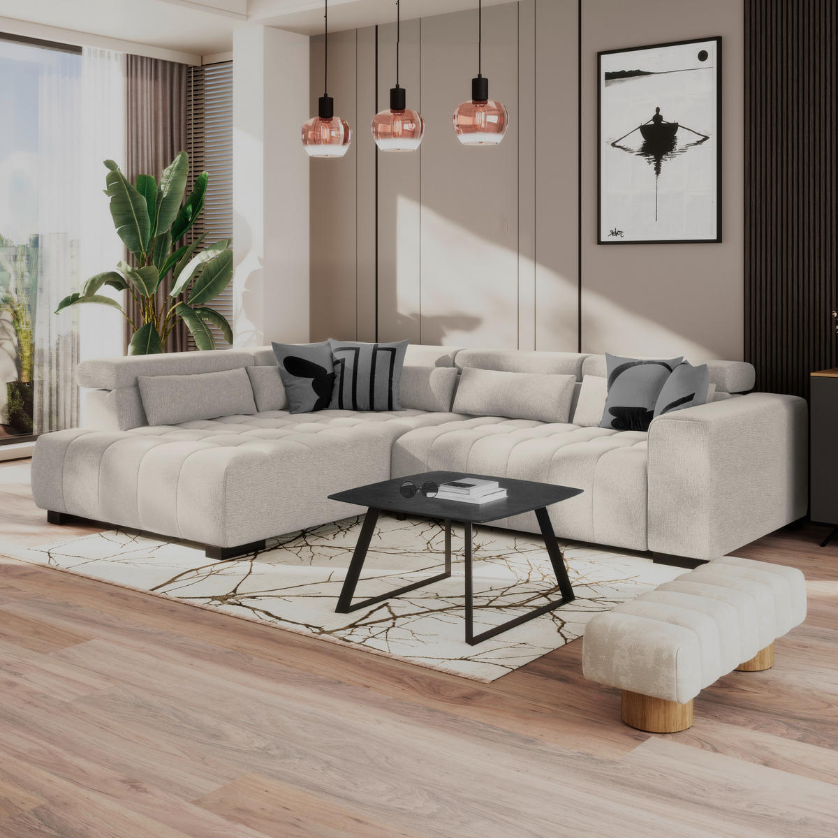 ECKSOFA MATERA Beige Chenille, Struktur Nierenkissen, Kopfteilverstellung, Sitzvorzug  - Beige/Schwarz, Trend, Holz/Textil (226/311cm) - MID.YOU