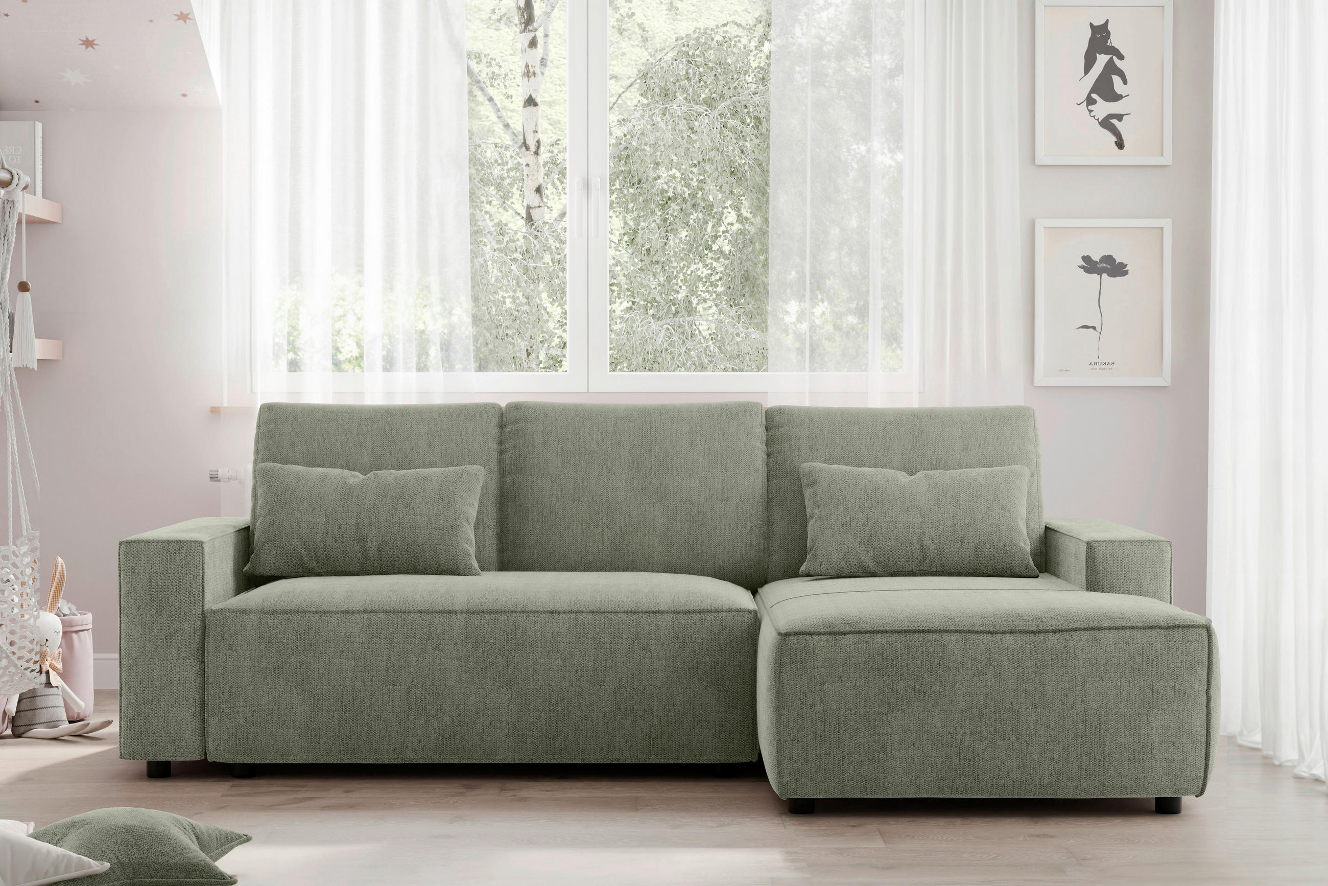 ECKSCHLAFSOFA  mit seitenverkehrt erhältlich, Rücken echt Chenille Dunkelgrün  - Dunkelgrün/Schwarz, MODERN, Kunststoff/Textil (247/154cm) - Livetastic