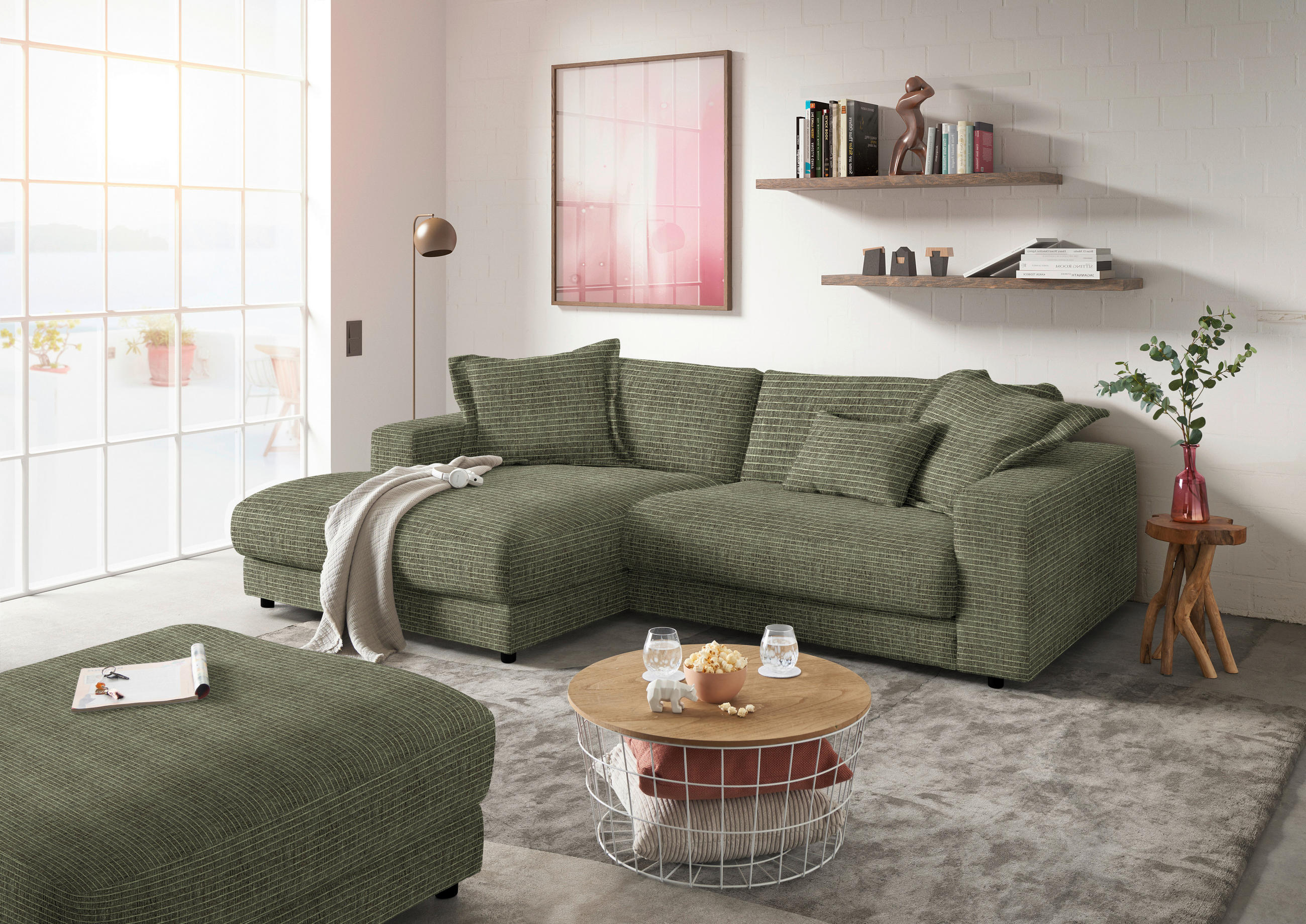 ECKSOFA in Chenille Grün  - Schwarz/Grün, Design, Kunststoff/Textil (190/270cm) - Lomoco