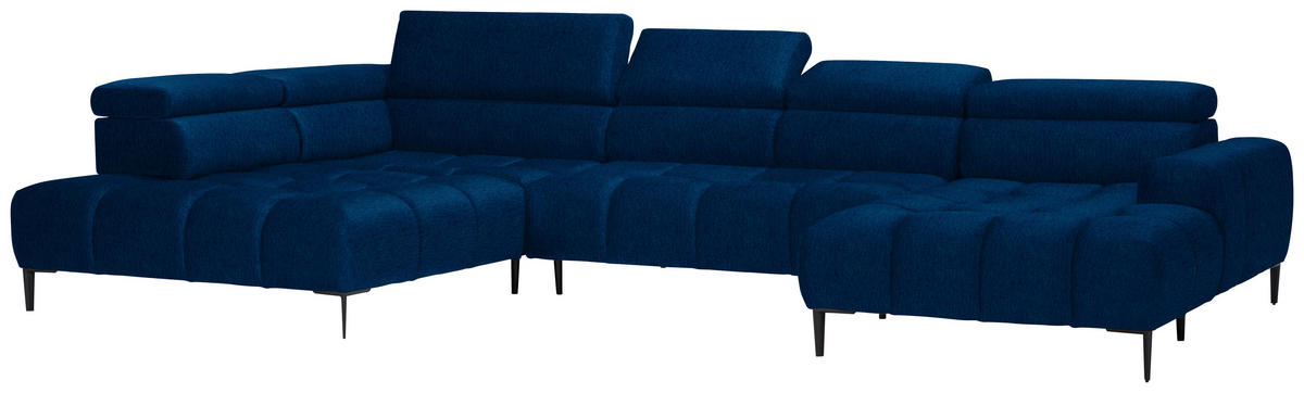 WOHNLANDSCHAFT in Samt, Webstoff Blau  - Blau/Schwarz, Design, Textil/Metall (216/385/177cm) - Welnova
