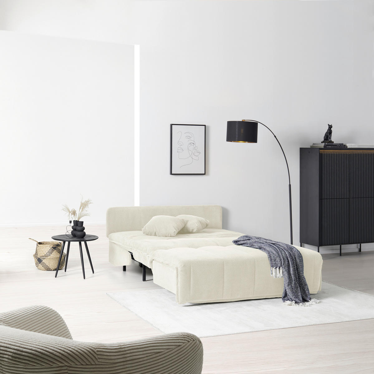SCHLAFSOFA Velours Creme  - Creme/Schwarz, Design, Kunststoff/Textil (148/88/110cm) - Livetastic