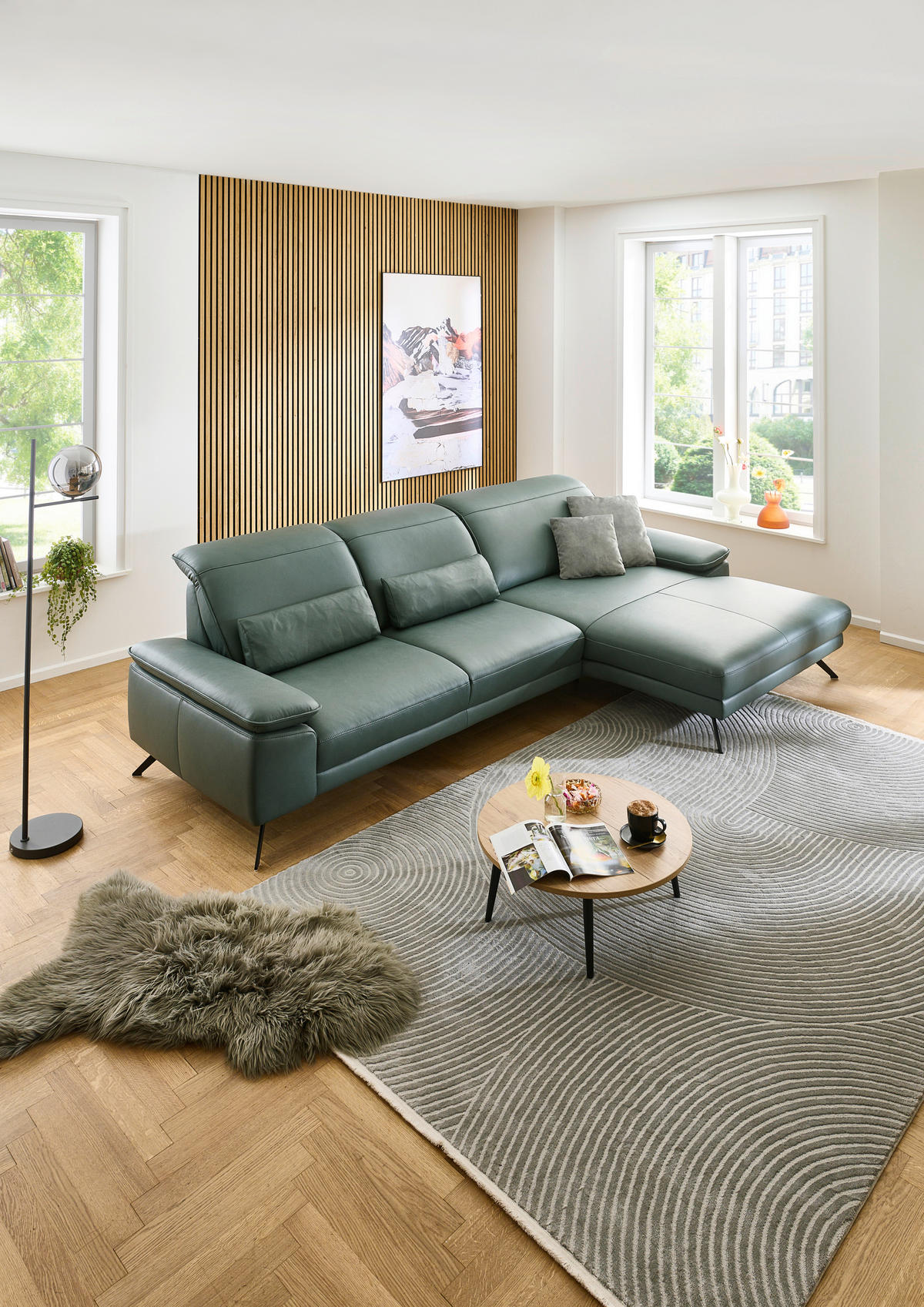 ECKSOFA Opal Echtleder  - Opal/Schwarz, Design, Leder/Metall (332/193cm) - Dieter Knoll