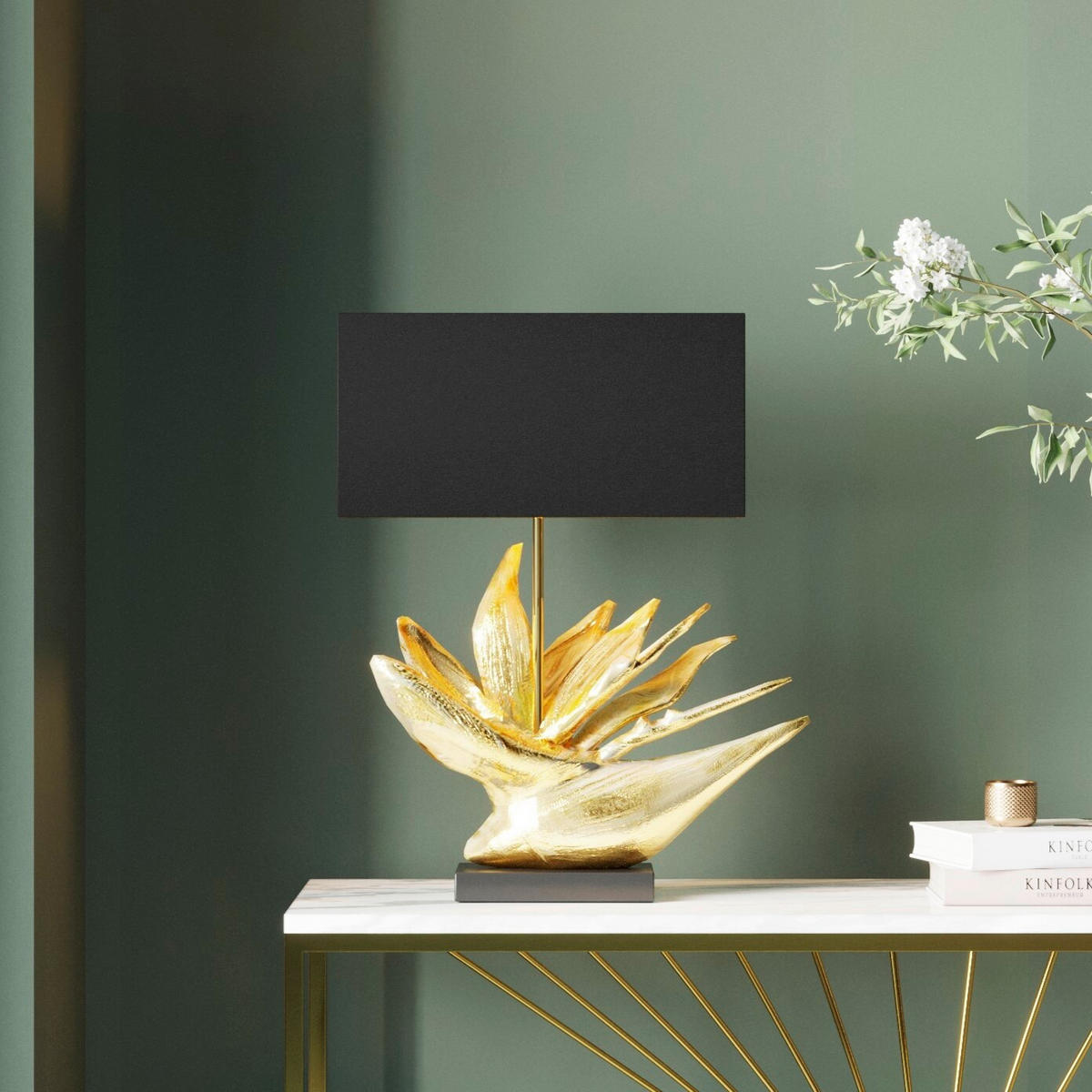 TISCHLEUCHTE Tropical Flower 50,5/65/22 cm  - Goldfarben/Schwarz, Design, Kunststoff/Metall (50,5/65/22cm) - Kare-Design