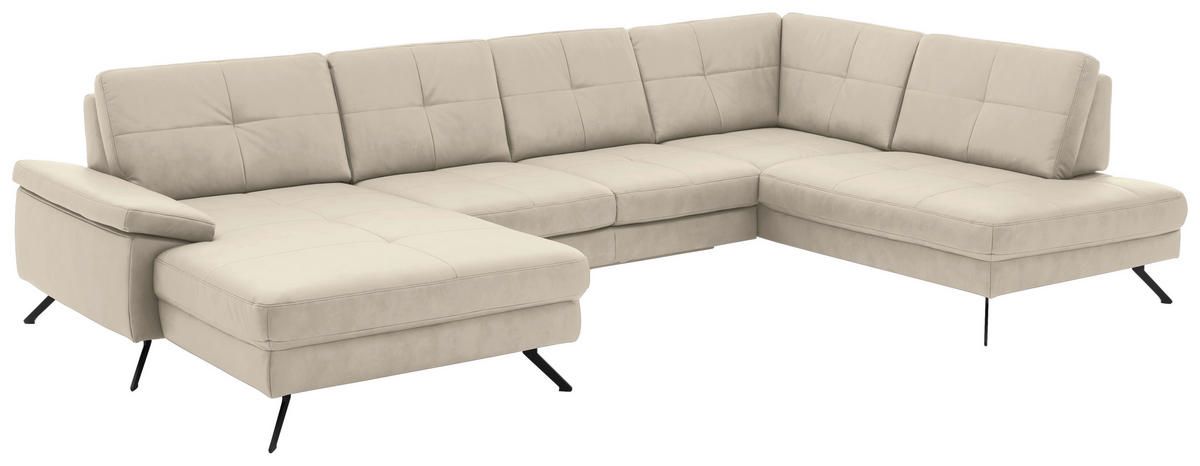 WOHNLANDSCHAFT in Lederlook, Mikrofaser Creme, Naturfarben  - Creme/Schwarz, Design, Textil/Metall (345/220cm) - Beldomo System