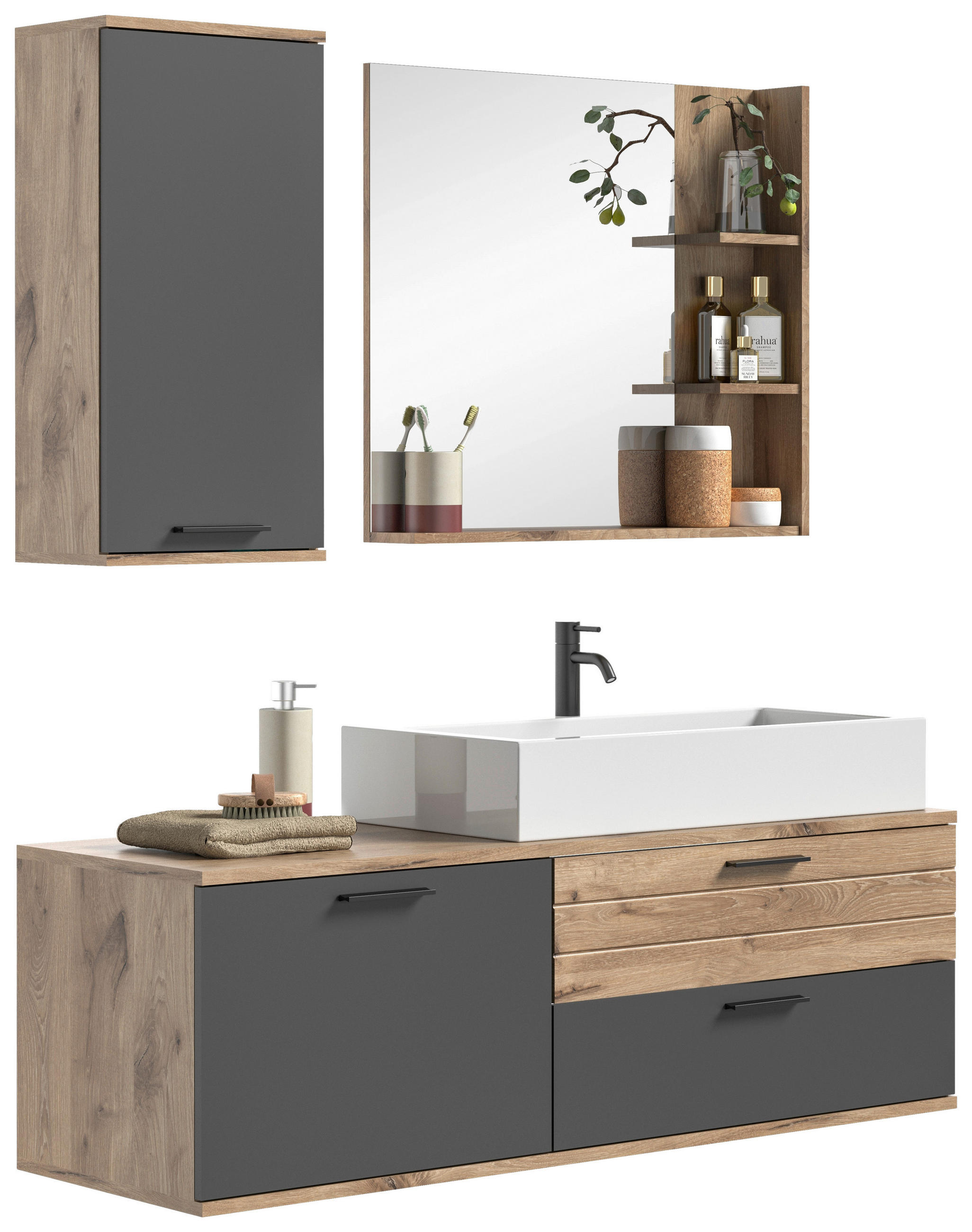 BADEZIMMER 3-teilig in 140 cm - Eichefarben/Weiß Hochglanz, MODERN, Glas/Keramik (140cm) - MID.YOU