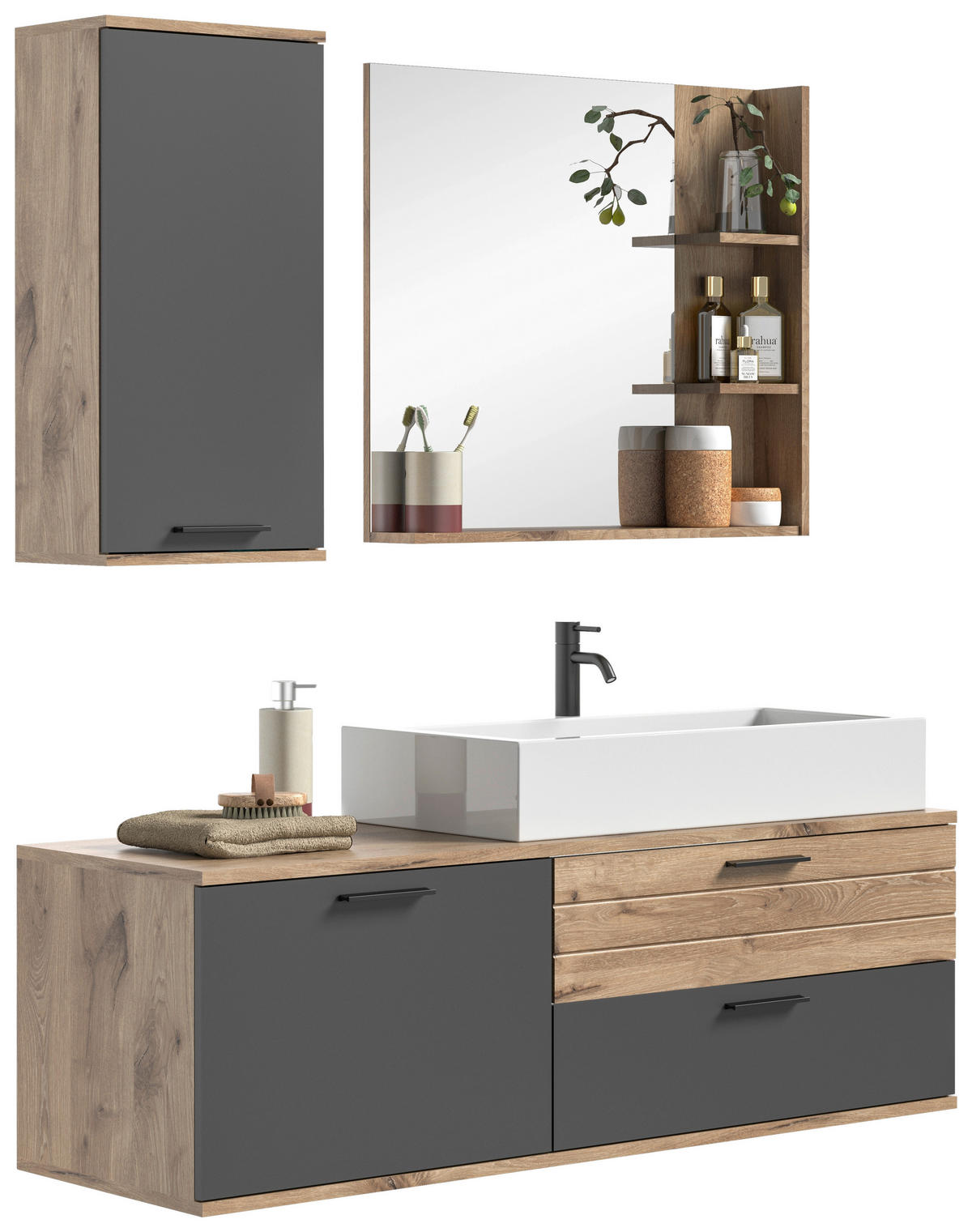 BADEZIMMER 3-teilig  in 140 cm  - Eichefarben/Weiß Hochglanz, MODERN, Glas/Keramik (140cm) - MID.YOU