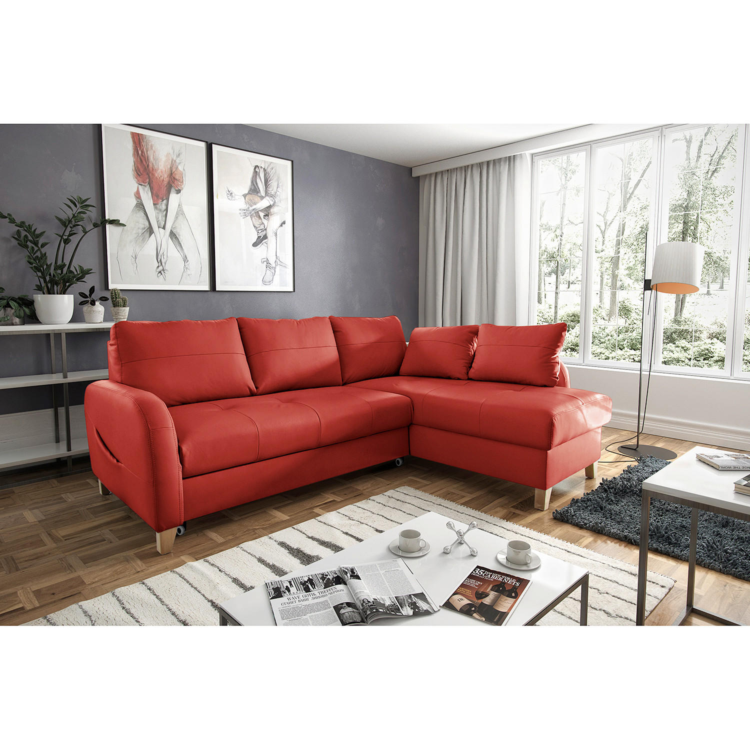 ECKSOFA Rot Echtleder Lederlook  - Buchefarben/Rot, Design, Leder/Holz (227/168cm) - Livetastic