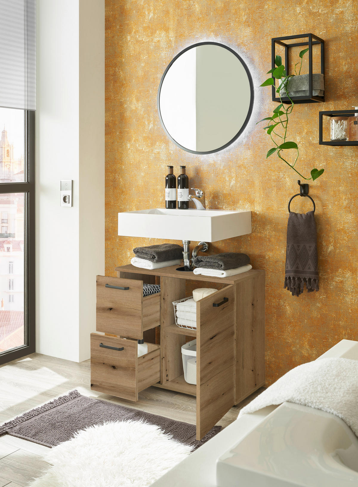 WASCHBECKENUNTERSCHRANK 70/60/35 cm  - Eichefarben/Schwarz, MODERN, Holzwerkstoff/Kunststoff (70/60/35cm) - MID.YOU