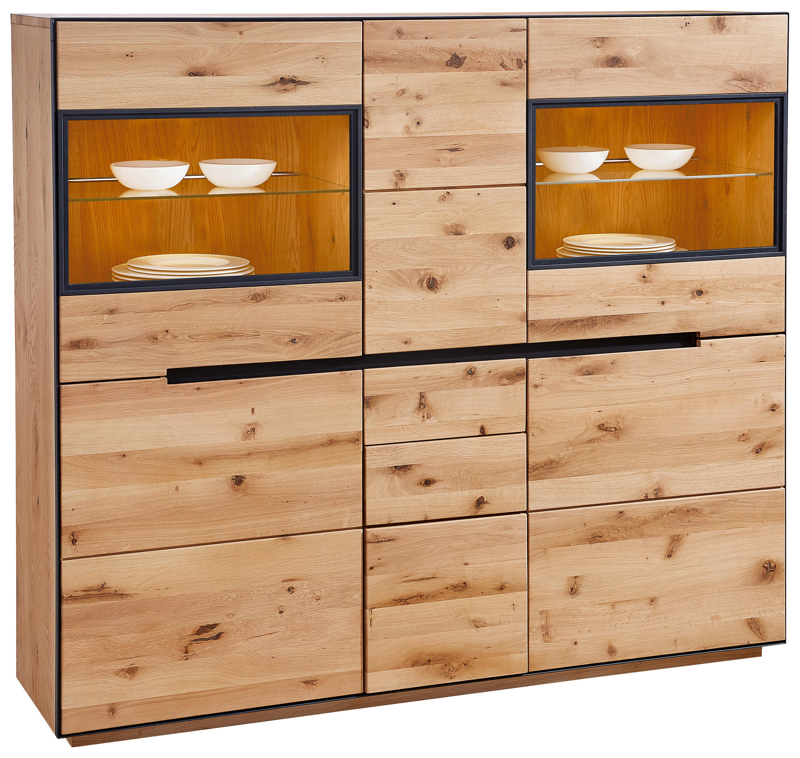 HIGHBOARD Wildeiche furniert, massiv, teilmassiv Eichefarben - Eichefarben/Anthrazit, Natur, Glas/Holz (155/136/38cm) - Linea Natura