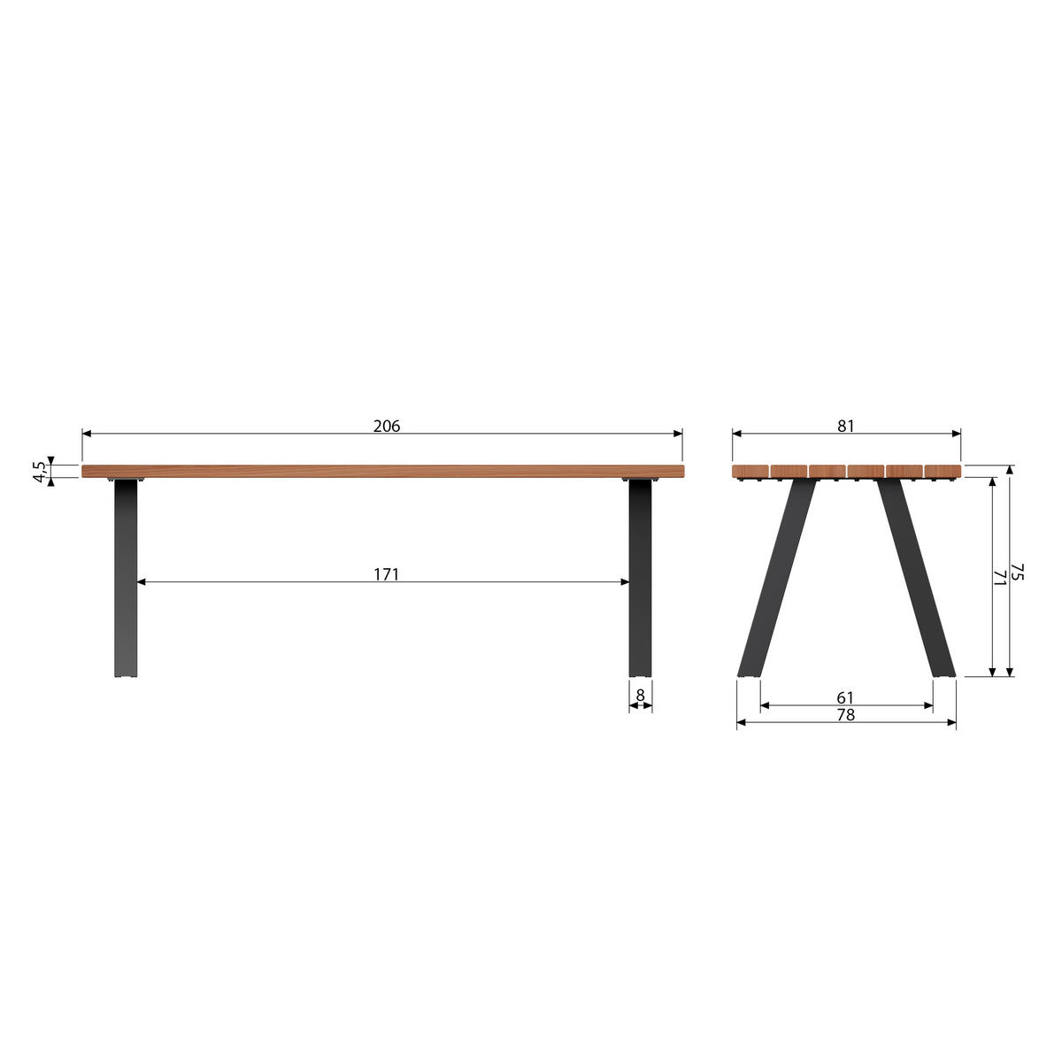 GARTENTISCH 210/81/75 cm Holz, Metall rechteckig  - Schwarz/Naturfarben, MODERN, Holz/Metall (210/81/75cm) - Livetastic