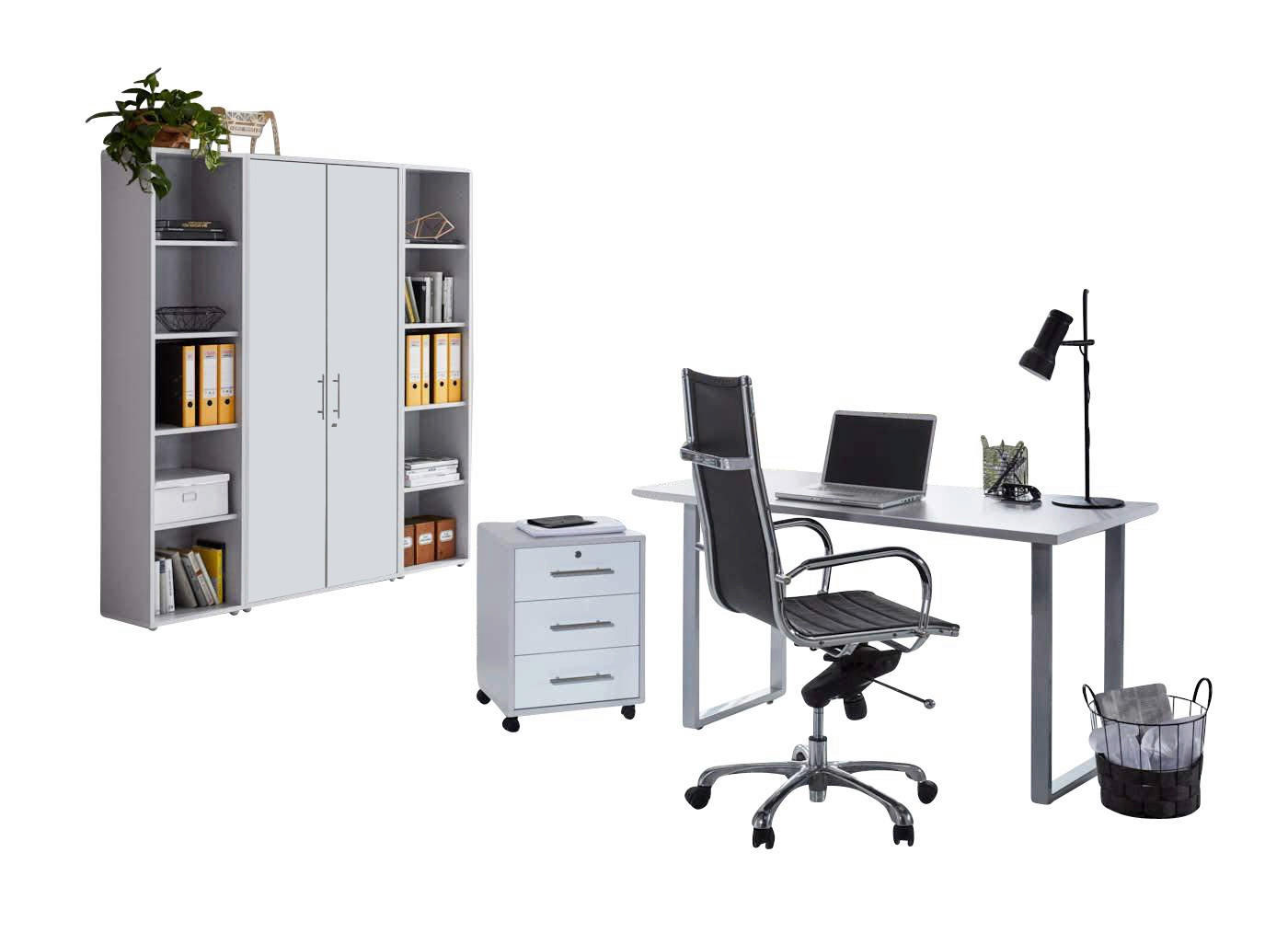 BÜRO erweiterbar, abschließbar Grau, Weiß - Weiß/Grau, MODERN, Holzwerkstoff/Metall - MID.YOU