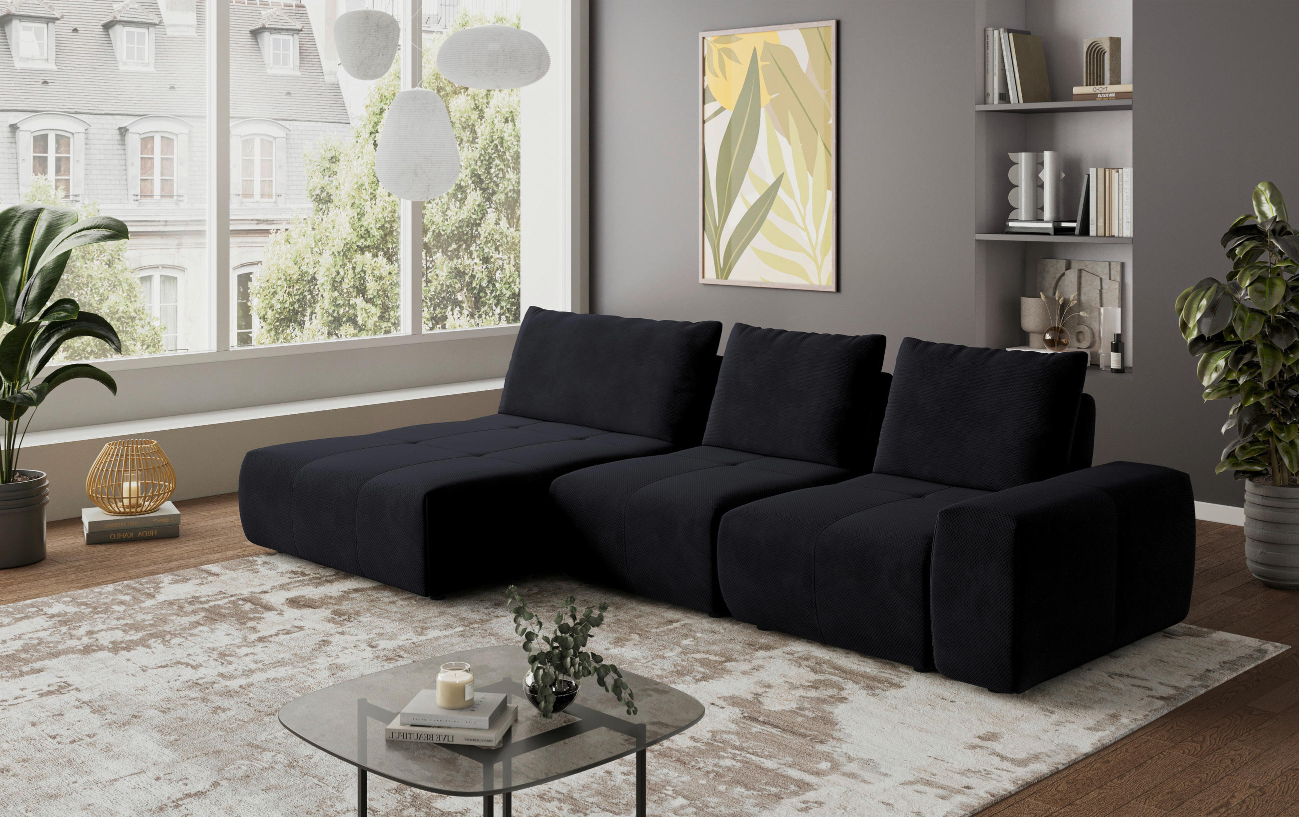ECKSOFA in Velours Anthrazit  - Anthrazit/Schwarz, Design, Kunststoff/Textil (174/347cm) - Xora