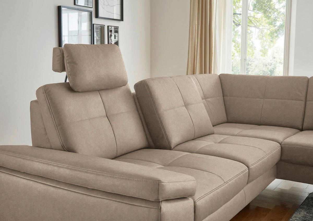 ECKSOFA in Lederlook, Mikrofaser Hellbraun  261/220 cm  - Hellbraun/Schwarz, Design, Textil/Metall (261/220cm) - Beldomo System