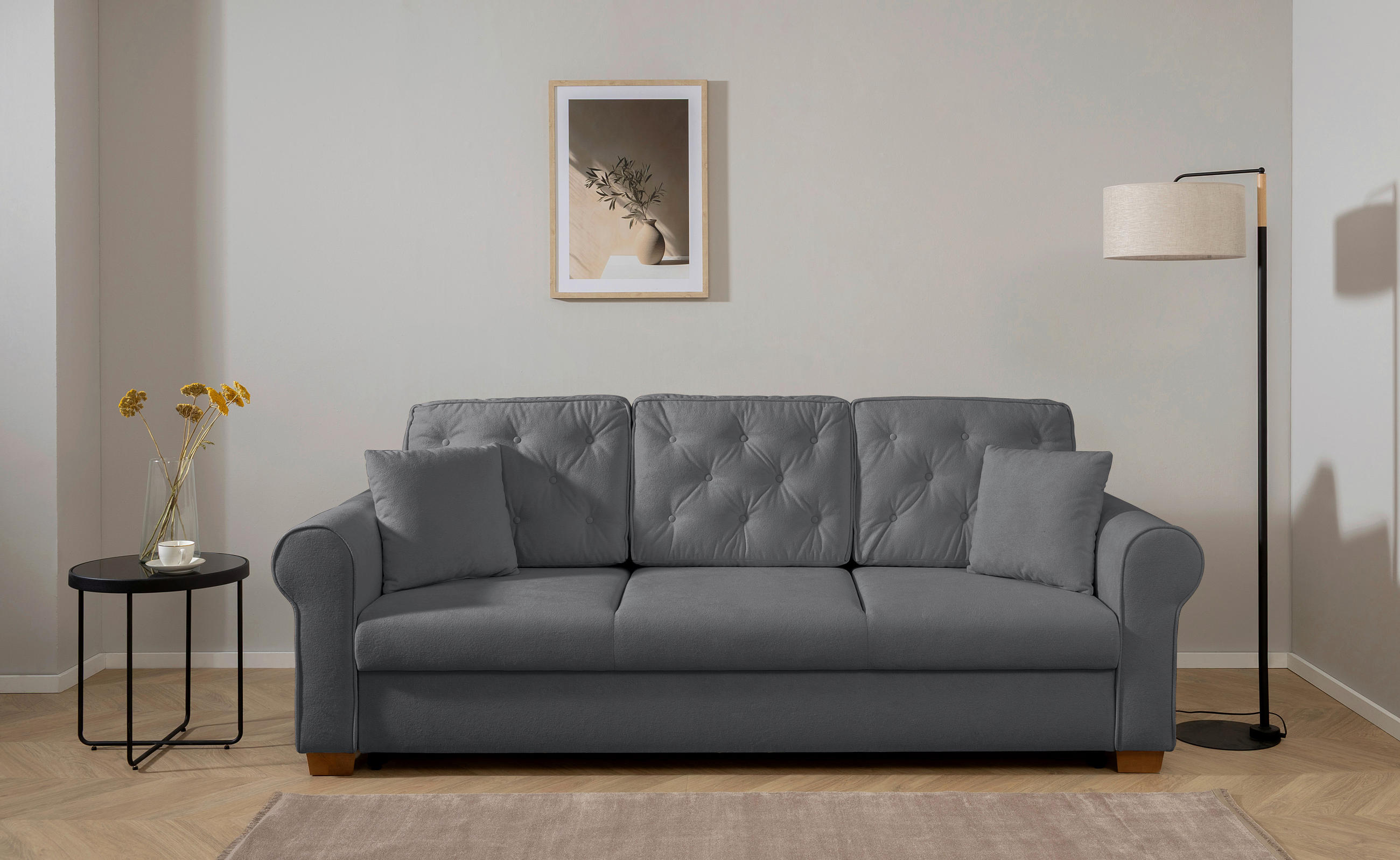 SCHLAFSOFA  mit Bettkasten erhältlich, Liegefunktion, Rücken echt, Armteil links, Armteil rechts Bouclé Dunkelgrau  - Dunkelgrau/Buchefarben, Design, Holz/Textil (240/94/98cm) - MID.YOU