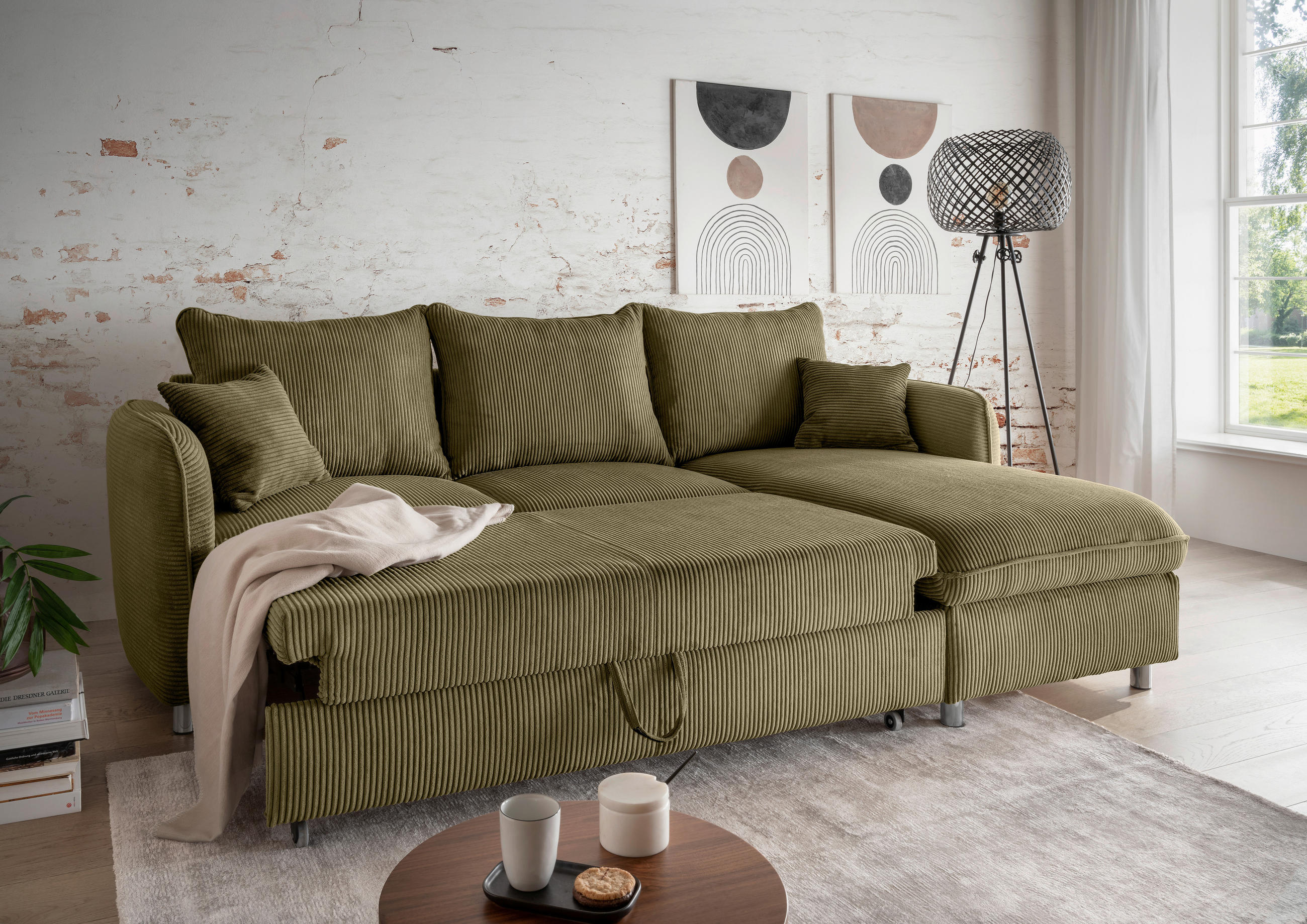 ECKSCHLAFSOFA in Cord Olivgrün  - Chromfarben/Olivgrün, Modern, Textil/Metall (254/160cm) - Livetastic