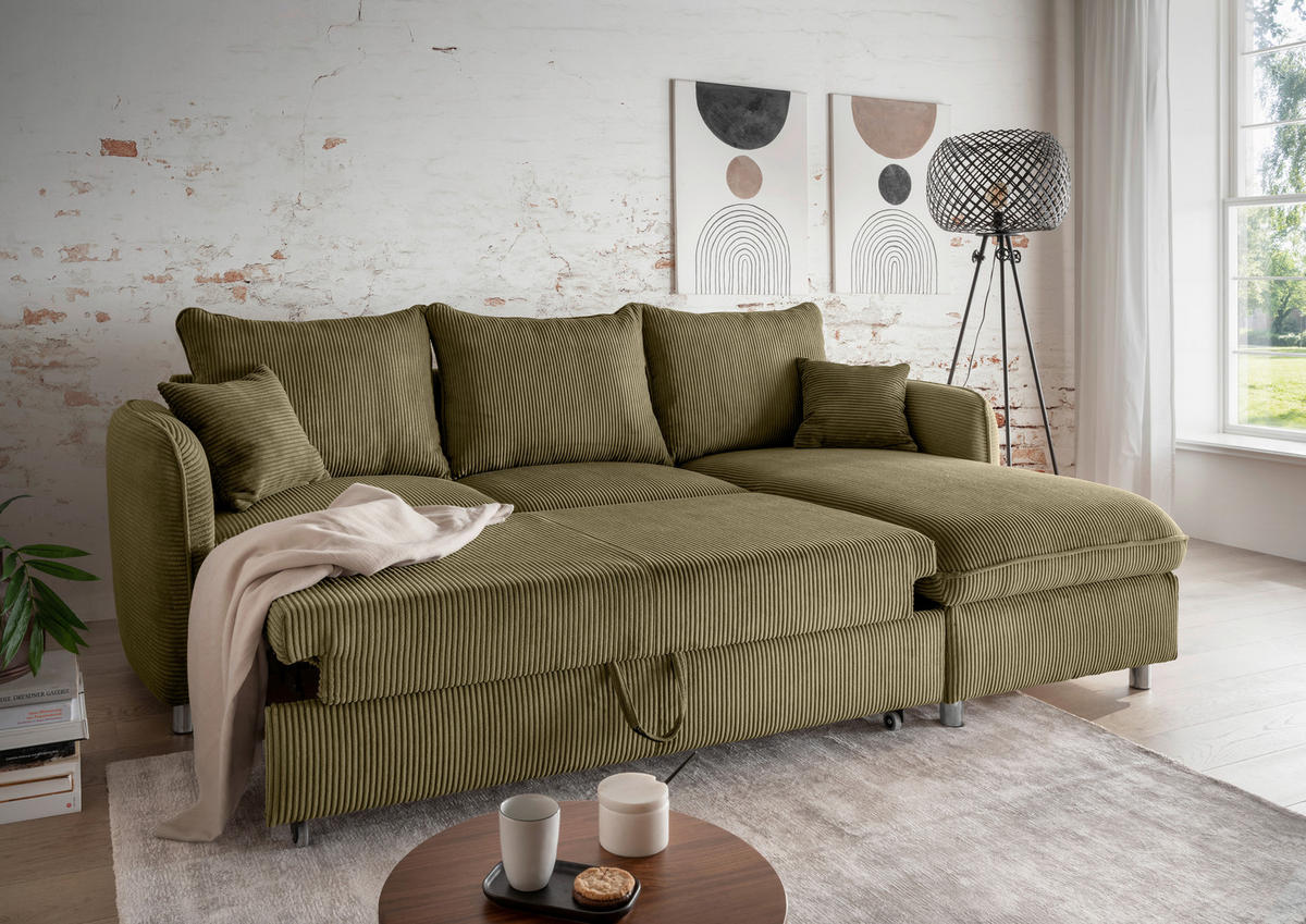 ECKSCHLAFSOFA Cord Olivgrün  - Chromfarben/Olivgrün, MODERN, Textil/Metall (254/160cm) - Livetastic