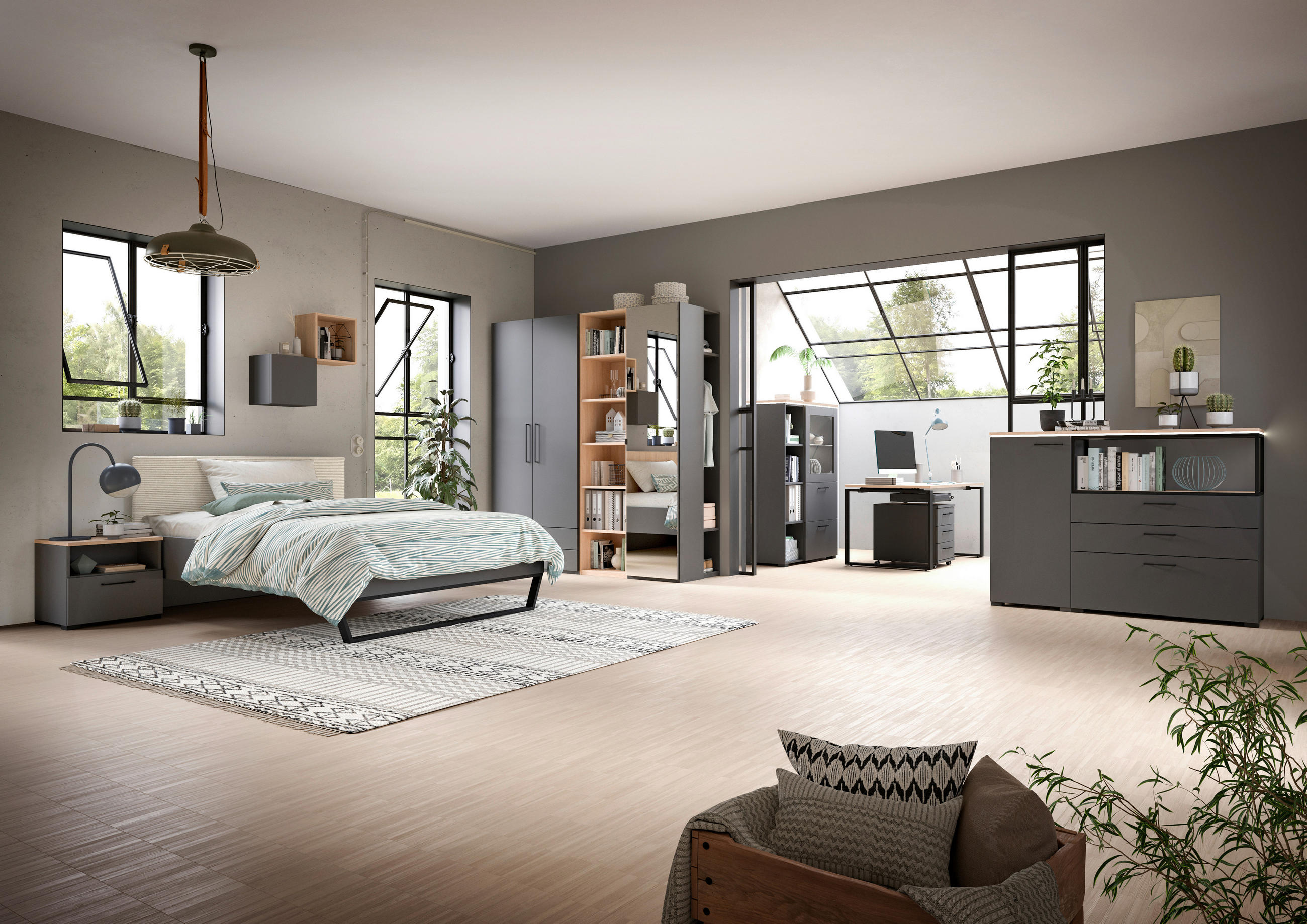 KLEIDERSCHRANK in Graphitfarben, Eichefarben  - Eichefarben/Anthrazit, Design, Glas/Holzwerkstoff (202,6/213,6/59,3cm) - Cantus