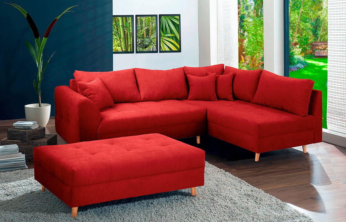 ECKSOFA inkl. Hocker Ariella in Mikrofaser Rot  161/231 cm  - Rot/Naturfarben, Design, Holz/Textil (161/231cm) - Livetastic