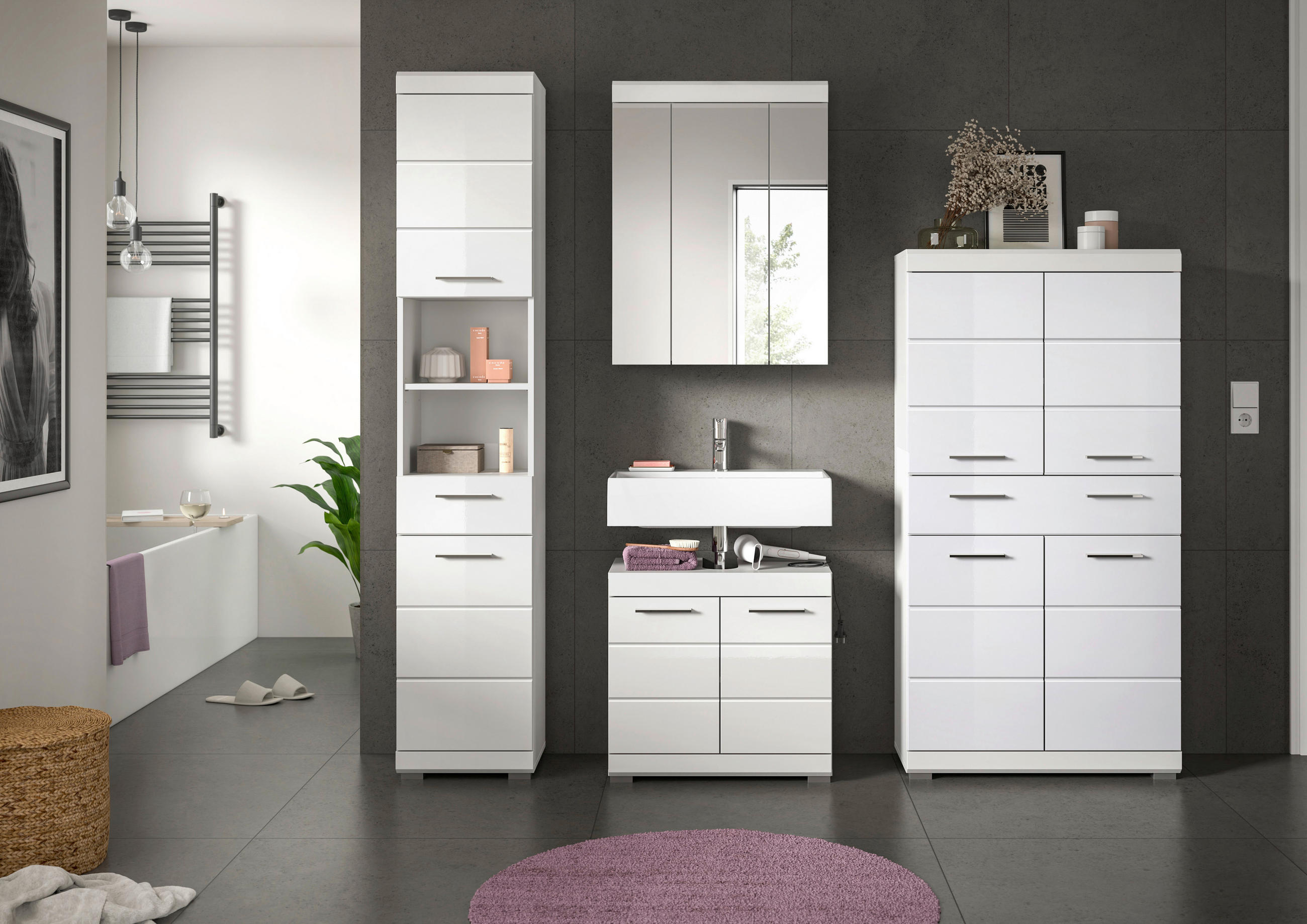 BADEZIMMER 4-teilig  in 171 cm  - Weiß Hochglanz/Silberfarben, MODERN, Glas/Holzwerkstoff (171cm) - MID.YOU