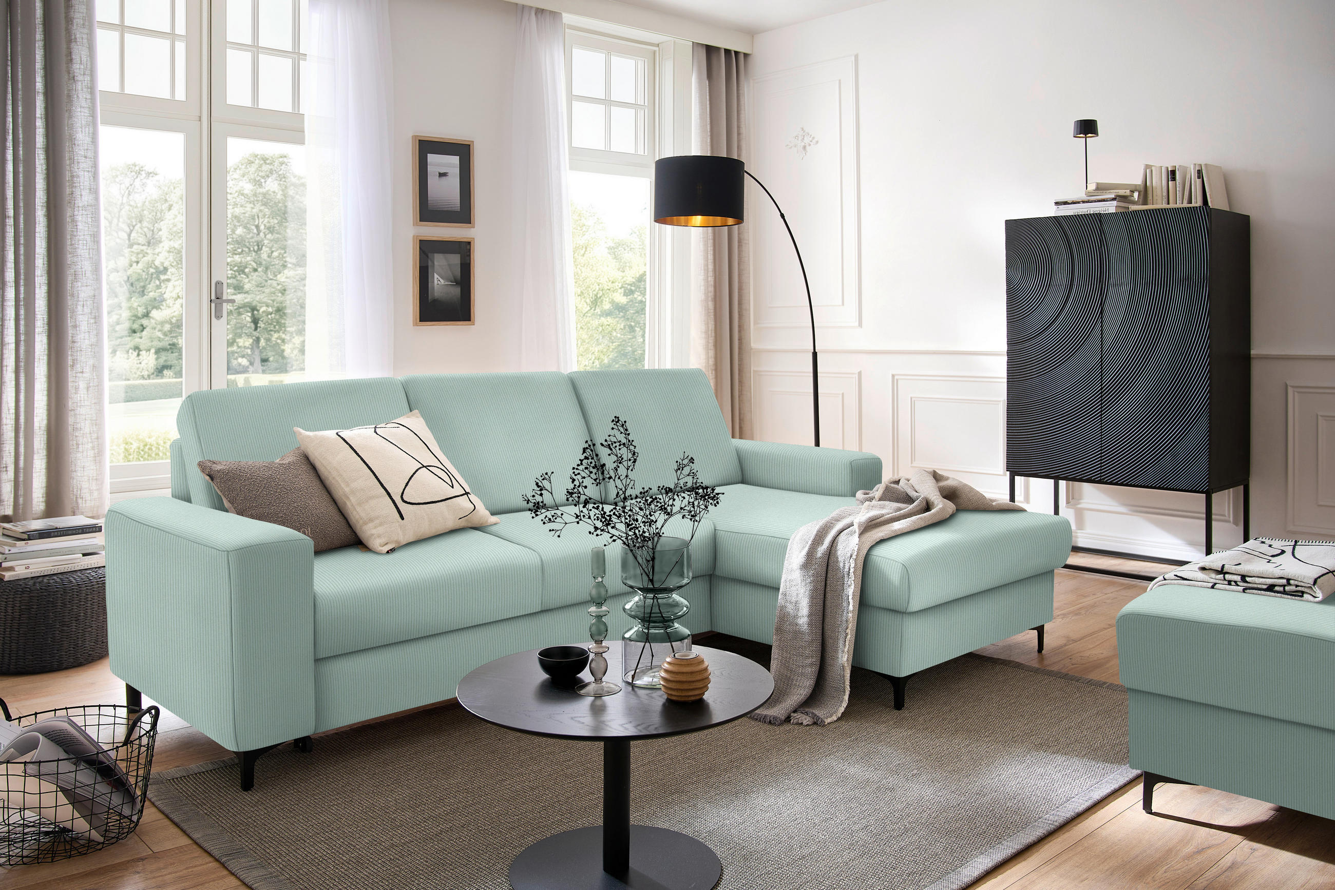 ECKSOFA in Cord Mintgrün  - Schwarz/Mintgrün, Konventionell, Textil/Metall (247/167cm) - Stylife