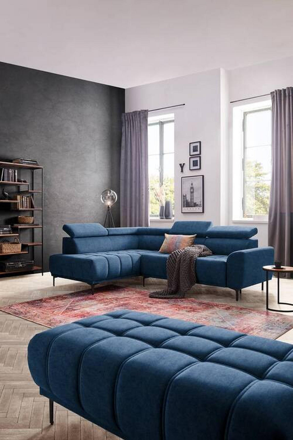 ECKSOFA Dunkelblau Velours  - Schwarz/Dunkelblau, Design, Textil/Metall (191/261cm) - Stylife