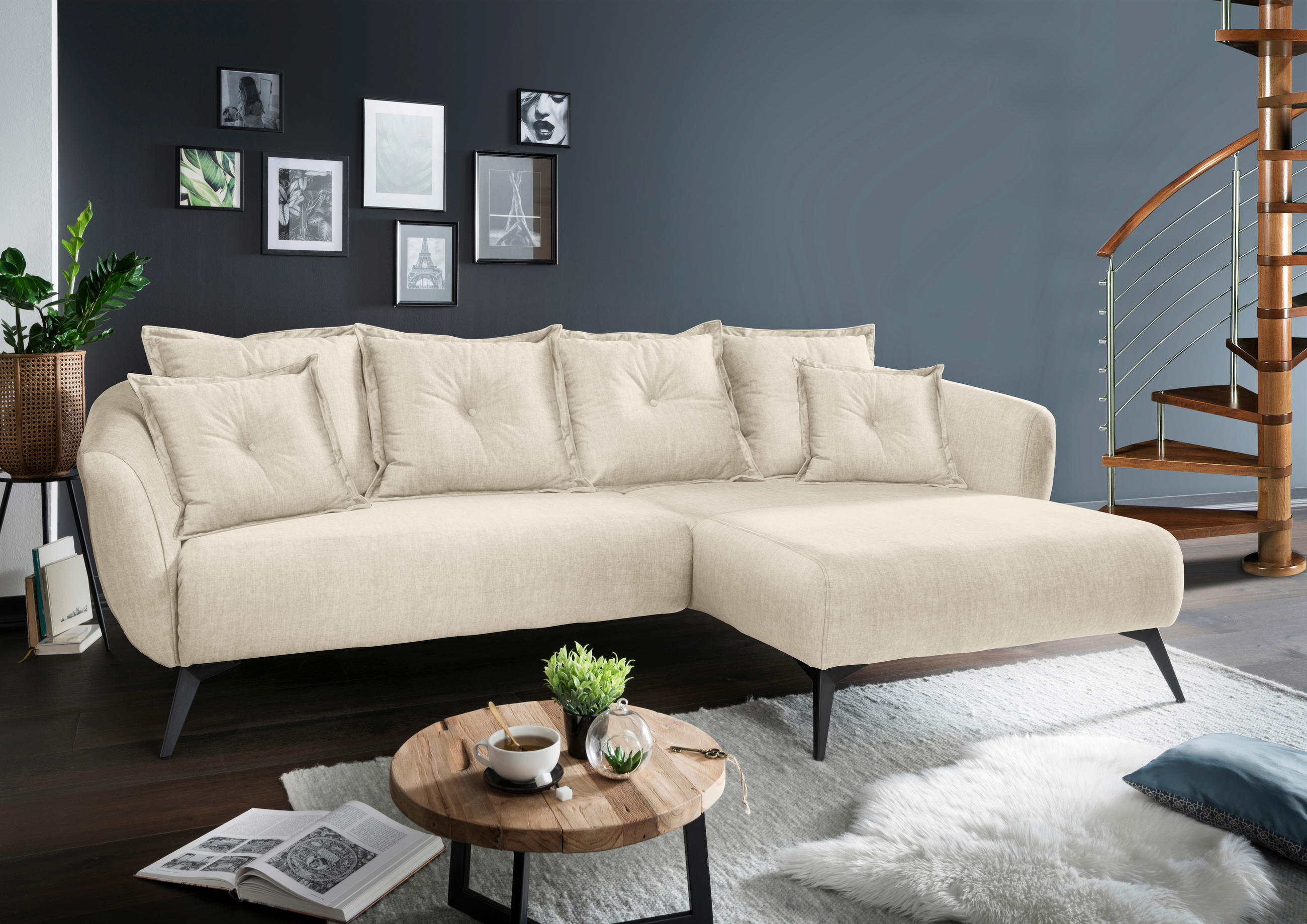 ECKSOFA in Velours Beige  - Beige/Schwarz, Modern, Textil/Metall (277/162cm) - Livetastic