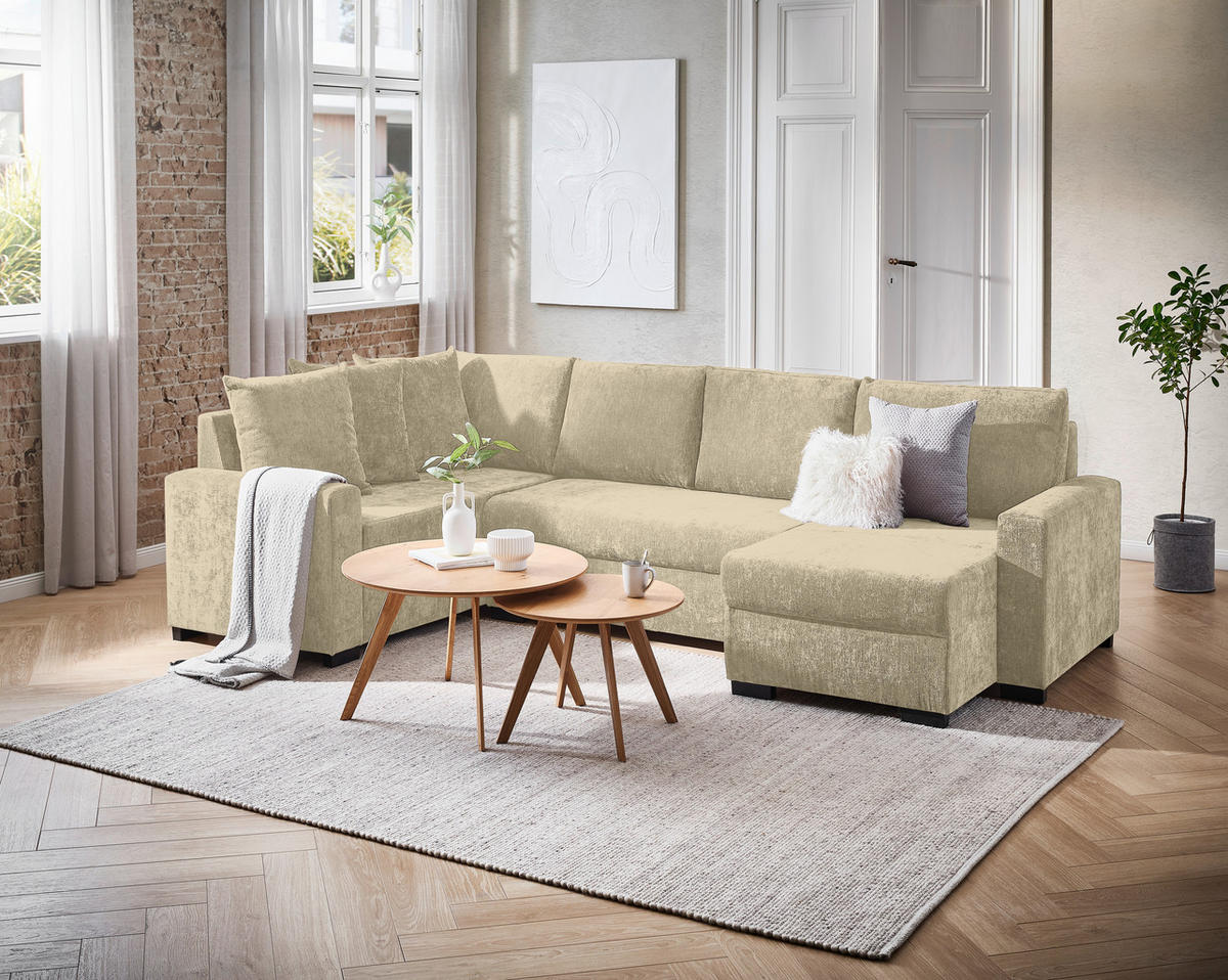 WOHNLANDSCHAFT Beige Chenille  - Beige/Schwarz, KONVENTIONELL, Kunststoff/Textil (183/311/140cm) - Ti'me