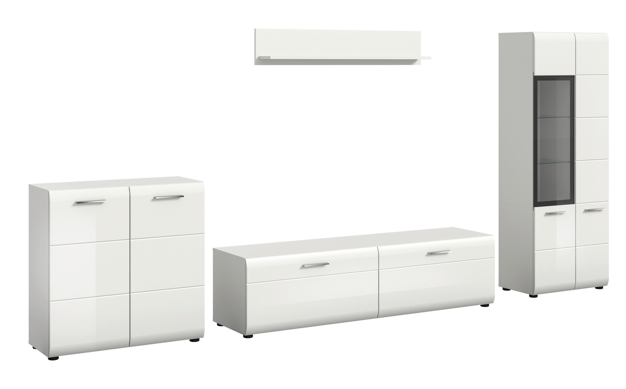 WOHNWAND 4-teilig  in Weiß, Weiß Hochglanz  315/160/41 cm  - Weiß Hochglanz/Silberfarben, Design, Holzwerkstoff/Kunststoff (315/160/41cm) - Livetastic