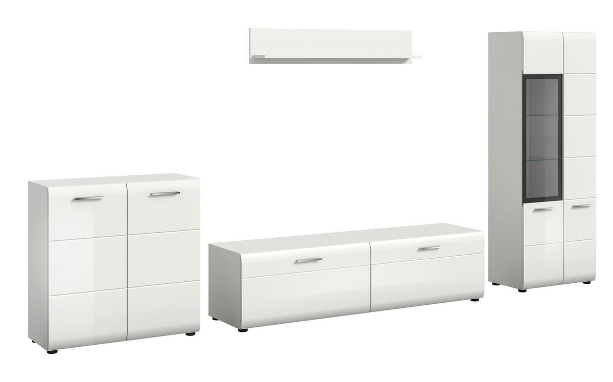 WOHNWAND 4-teilig  in Weiß, Weiß Hochglanz  315/160/41 cm  - Weiß Hochglanz/Silberfarben, Design, Holzwerkstoff/Kunststoff (315/160/41cm) - Livetastic