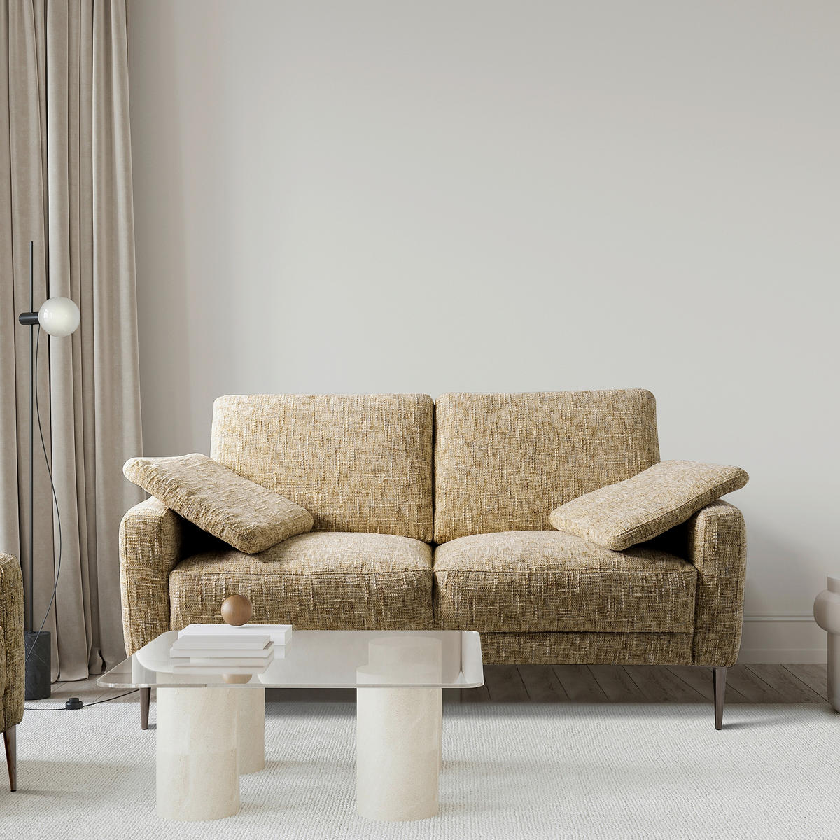 2-SITZER-SOFA Webstoff Hellbraun  - Hellbraun/Schwarzchrom, Design, Textil/Metall (157/85/92cm) - Livetastic