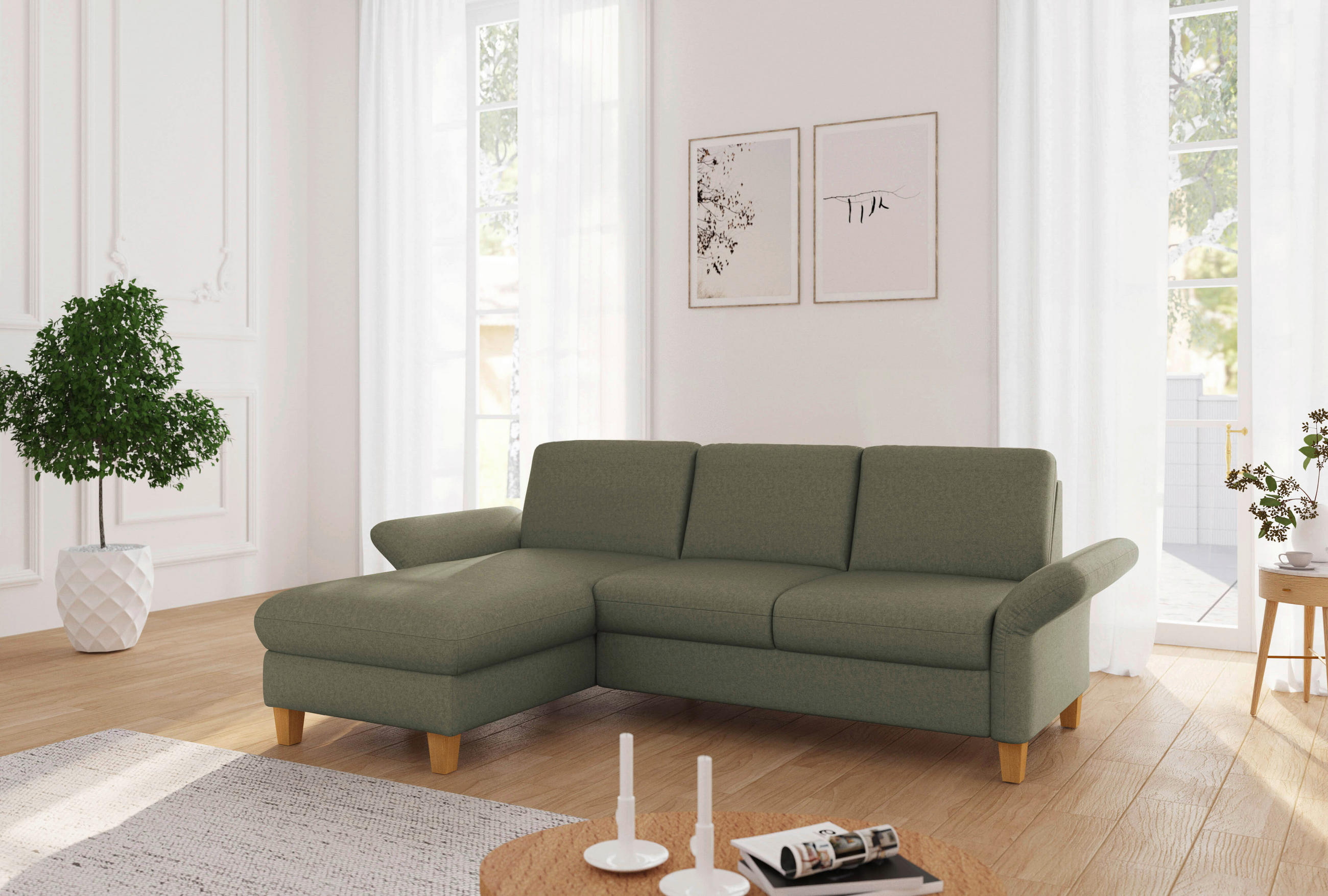 ECKSOFA ROCHELLE E Olivgrün Flachgewebe  - Eichefarben/Olivgrün, KONVENTIONELL, Holz/Textil (164/251cm) - Sit & More