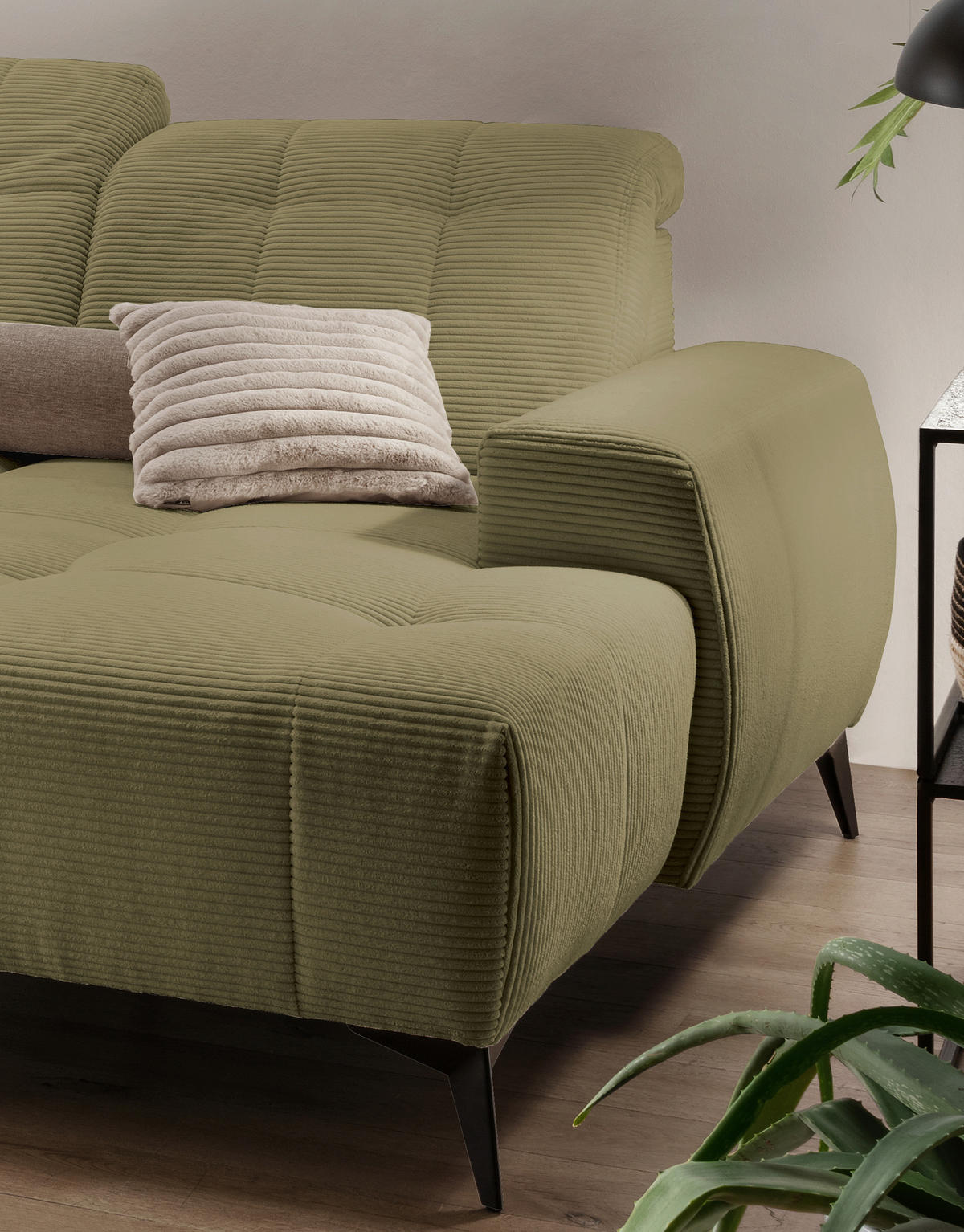 WOHNLANDSCHAFT SANO Olivgrün Cord  - Schwarz/Olivgrün, MODERN, Textil/Metall (200/337/180cm) - Livetastic