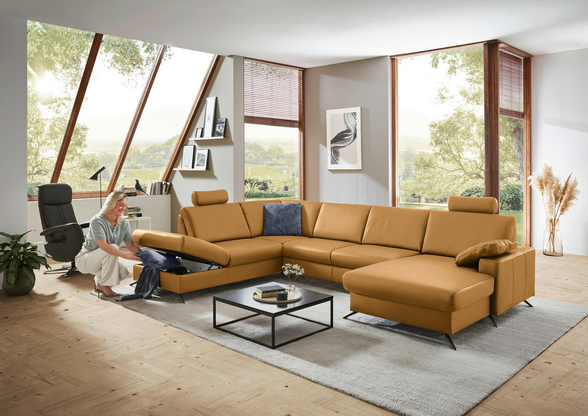 WOHNLANDSCHAFT in Echtleder Currygelb  - Currygelb/Schwarz, Design, Leder/Metall (233/339/165cm) - Beldomo Premium