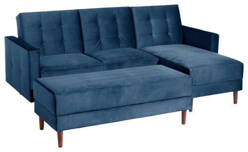ECKSCHLAFSOFA inkl. Hocker Dunkelblau Samt, Velours  - Eschefarben/Dunkelblau, Design, Holz/Textil (223/152cm) - Max Winzer