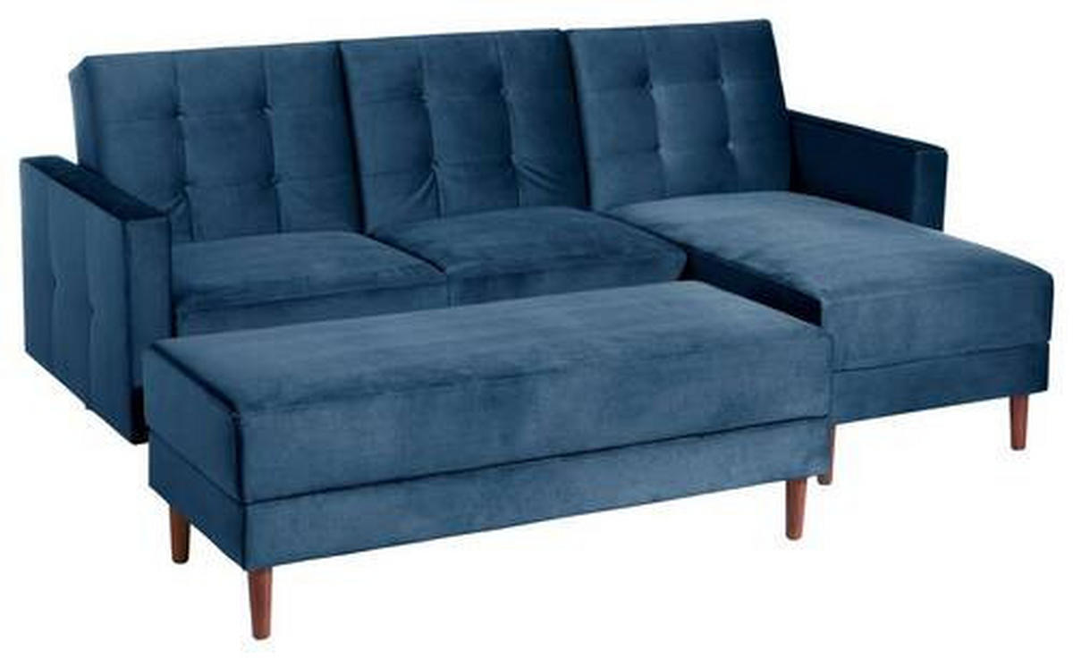 ECKSCHLAFSOFA inkl. Hocker in Dunkelblau Textil   - Eschefarben/Dunkelblau, Design, Holz/Textil (223/152cm) - Max Winzer