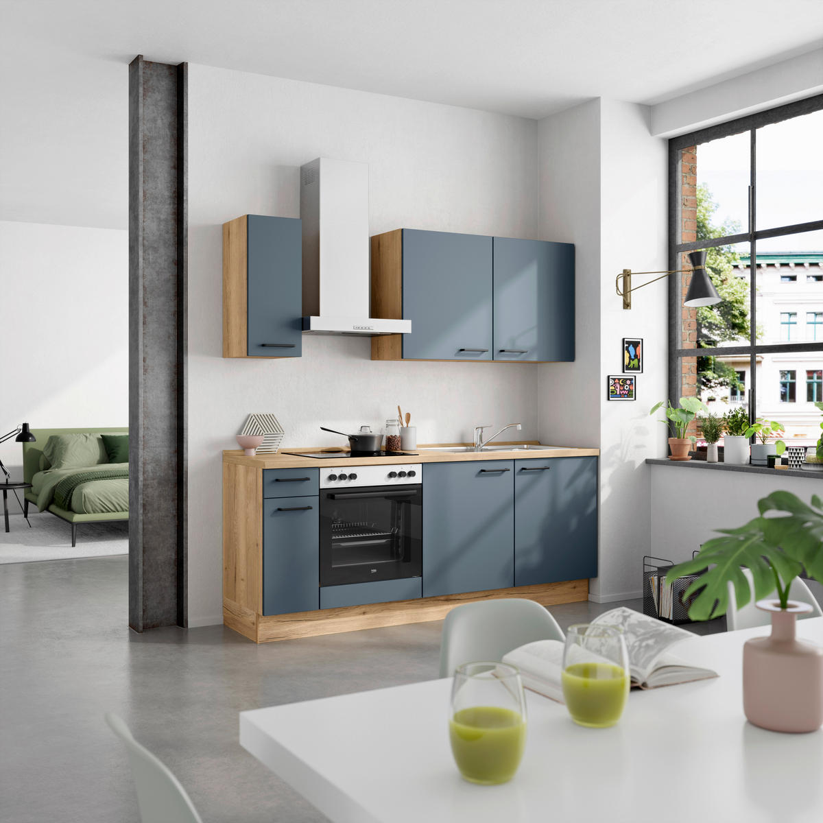 KÜCHENBLOCK Easytouch 210 cm  in Blau, Eichefarben  - Blau/Eichefarben, MODERN, Holzwerkstoff/Metall (210cm) - Nobilia