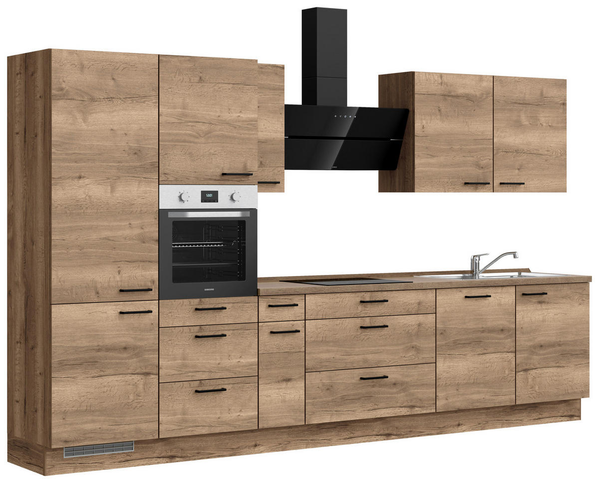 BUCĂTĂRIE FĂRĂ ELECTROCASNICE  - stejar închis la culoare/negru, Modern, metal/material pe bază de lemn (360cm) - Nobilia